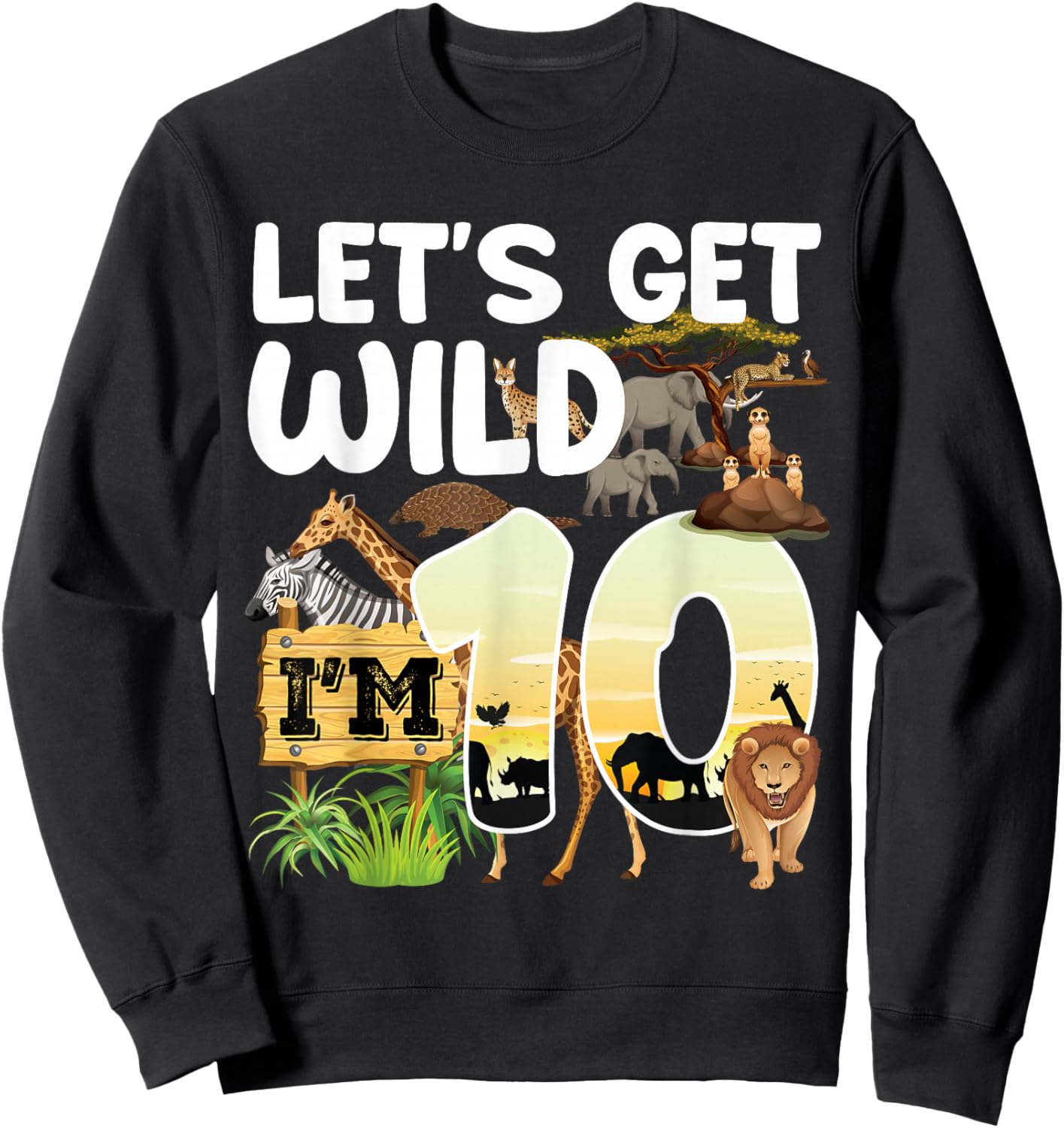 10 Year Old Zoo Birthday Safari Jungle Animal 10th B-day Sweatshirt - Sweatshirt | Black