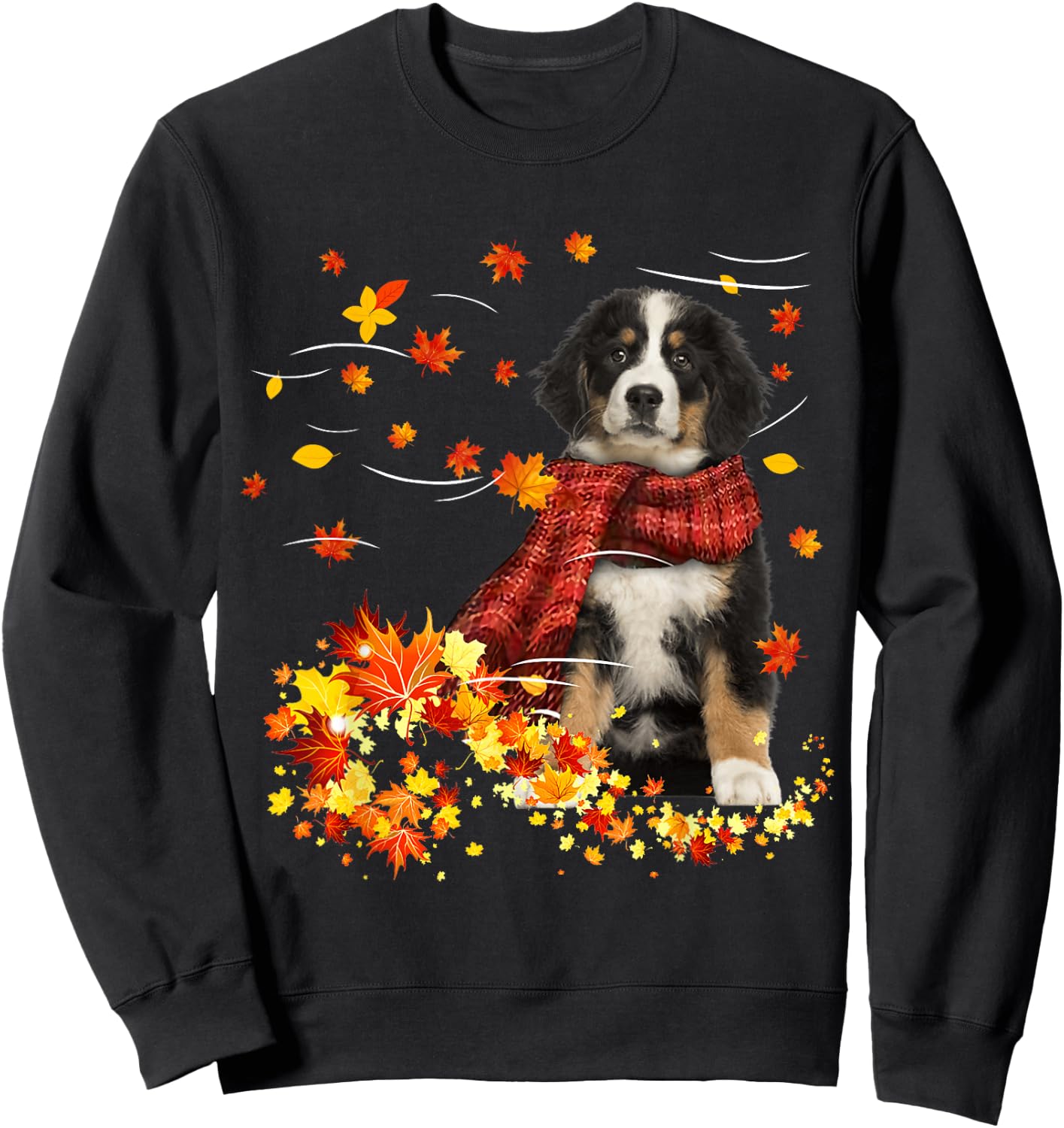 Bernese Mountain Fall Red Scarf Autumn Leaf Gift Dog Lover Sweatshirt - Sweatshirt | Black