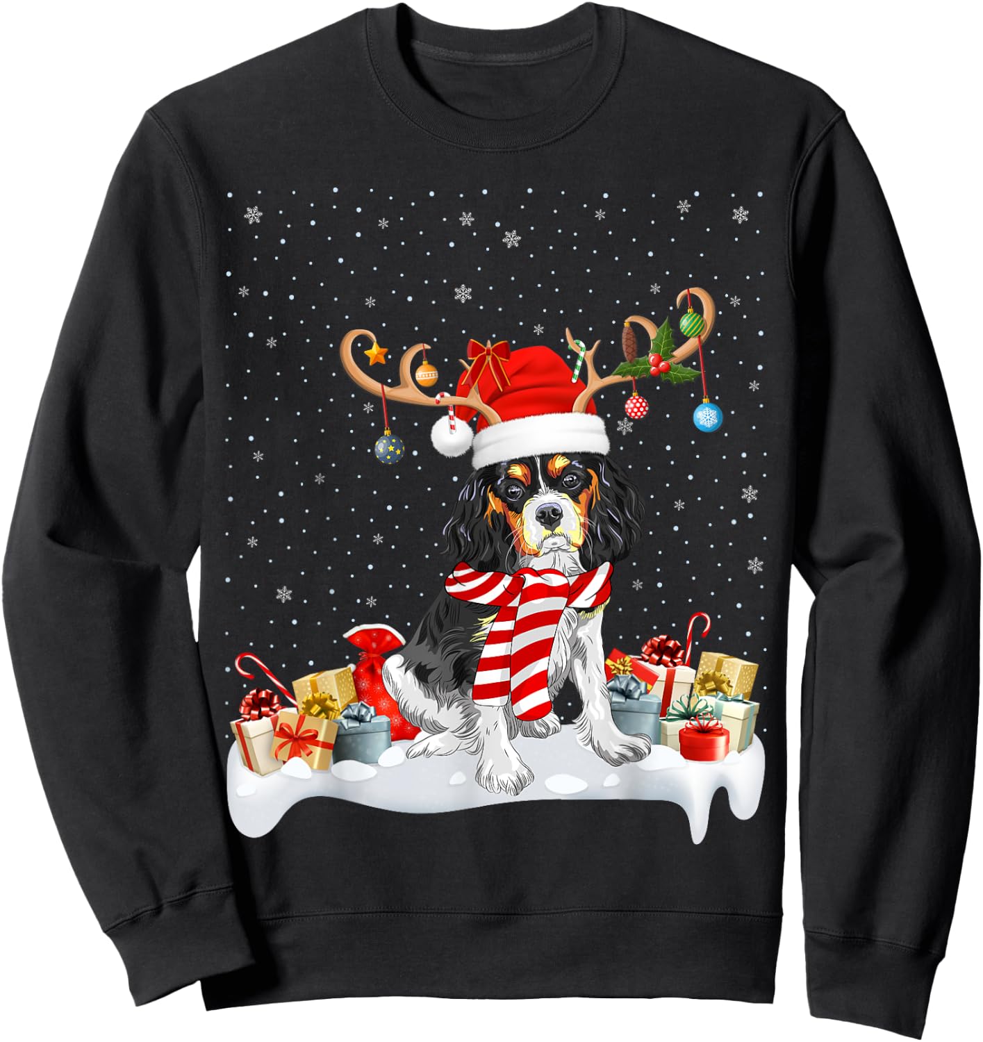 Reindeer Santa Hat Cavalier King Charles Spaniel Christmas Sweatshirt - Sweatshirt | Black