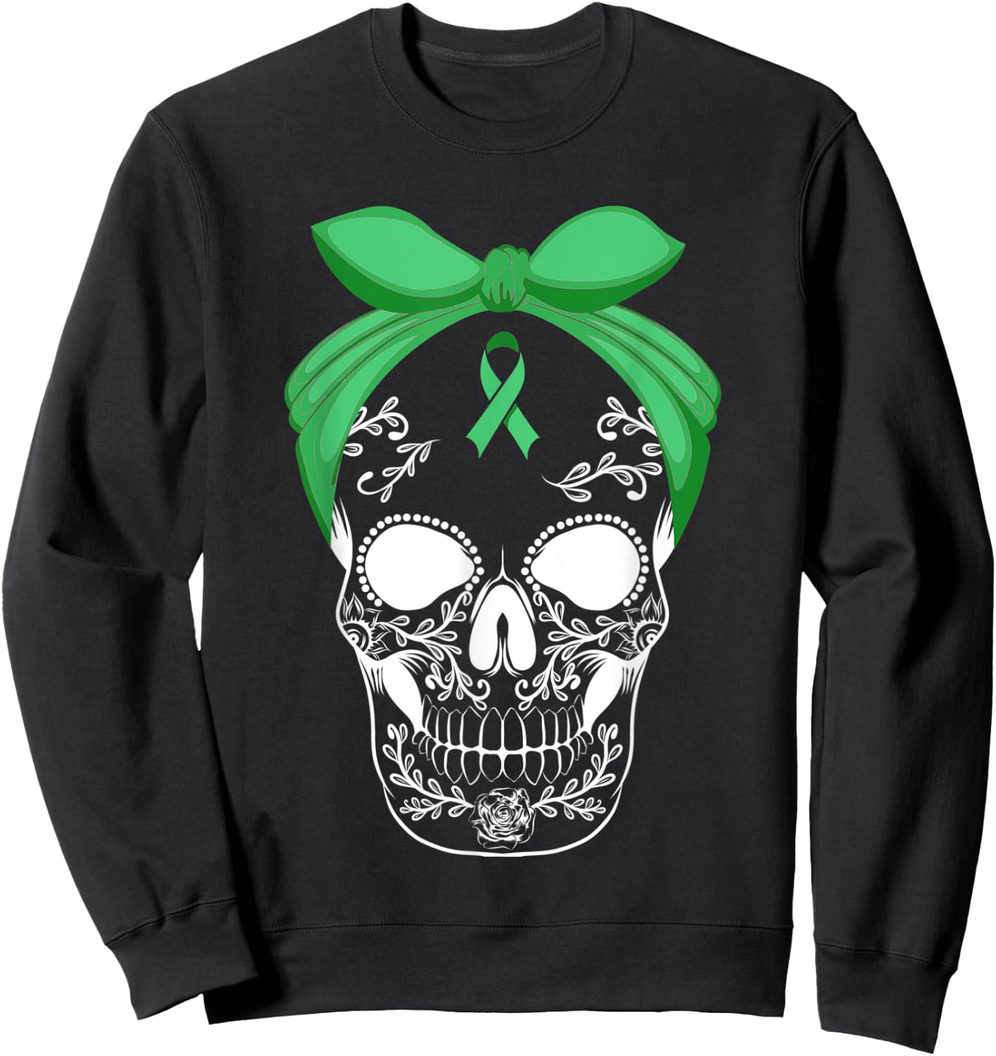 Sugar Skull Green Ribbon Apparel Skeleton Liver Cancer Fight Sweatshirt - Sweatshirt | Black