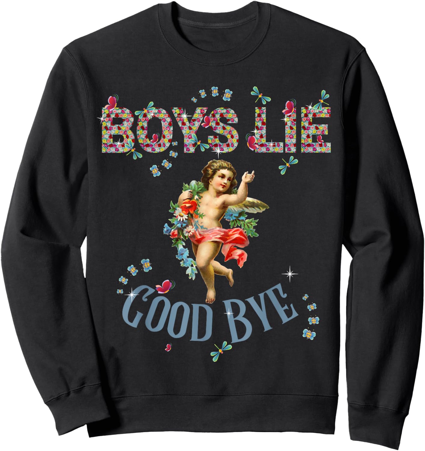 Vintage - Fashion - Girls - Women Boys Lie - Black - Small - Short Sleeve - Classic Fit - Floral Pattern - Vintage Design Sweatshirt - Sweatshirt | Black
