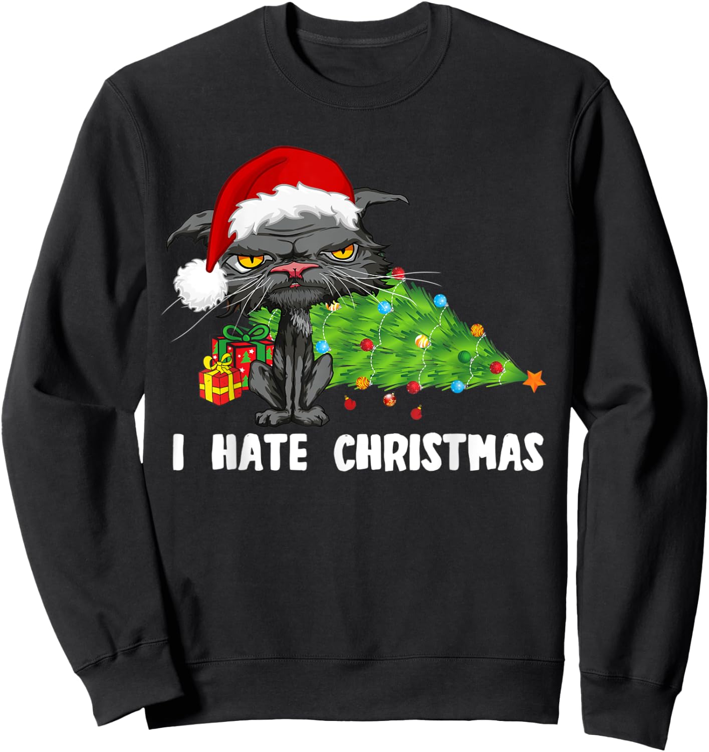 Anti Christmas I Hate Christmas Tree Bored Cat Santa Hat Women Kids Sweatshirt - Sweatshirt | Black