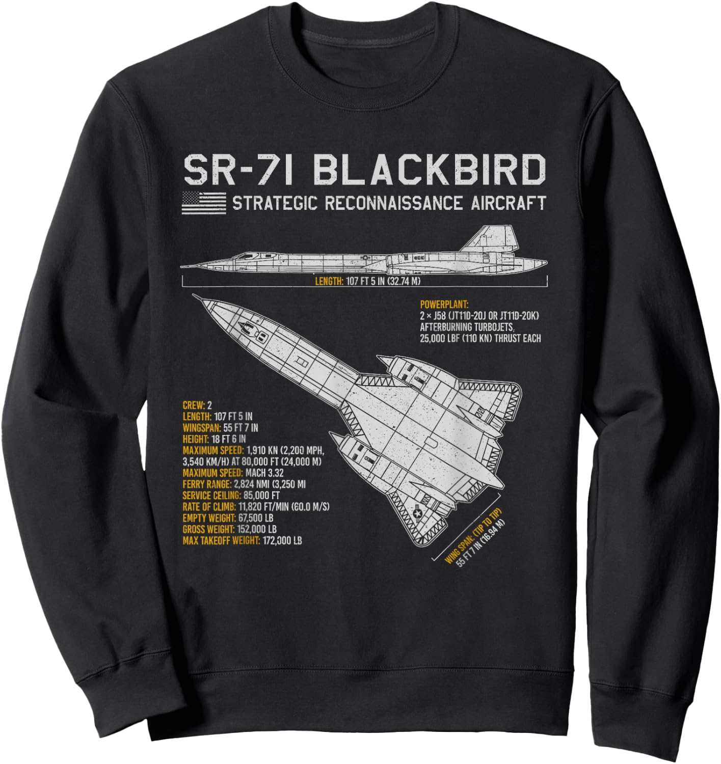 SR-71 Blackbird Aircraft Spy Plane Blueprint Data Sweatshirt - Sweatshirt | Black