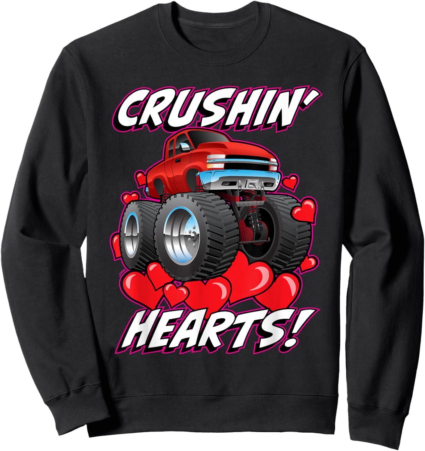 Crushin' Hearts Monster Truck Funny Valentines Day All Ages Sweatshirt - Sweatshirt | Black