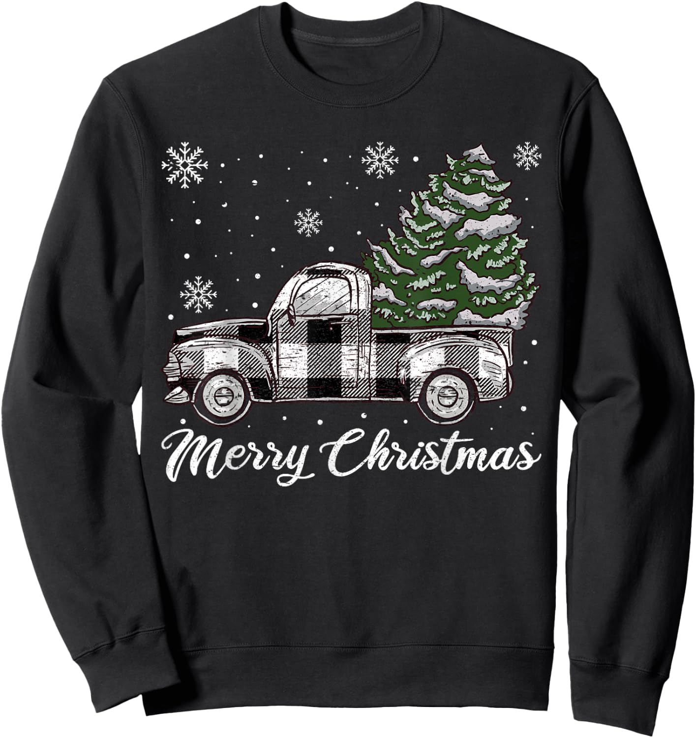 Merry Christmas Tree White Truck Pajama, Plaid Truck Tree Sweatshirt - Sweatshirt | Black