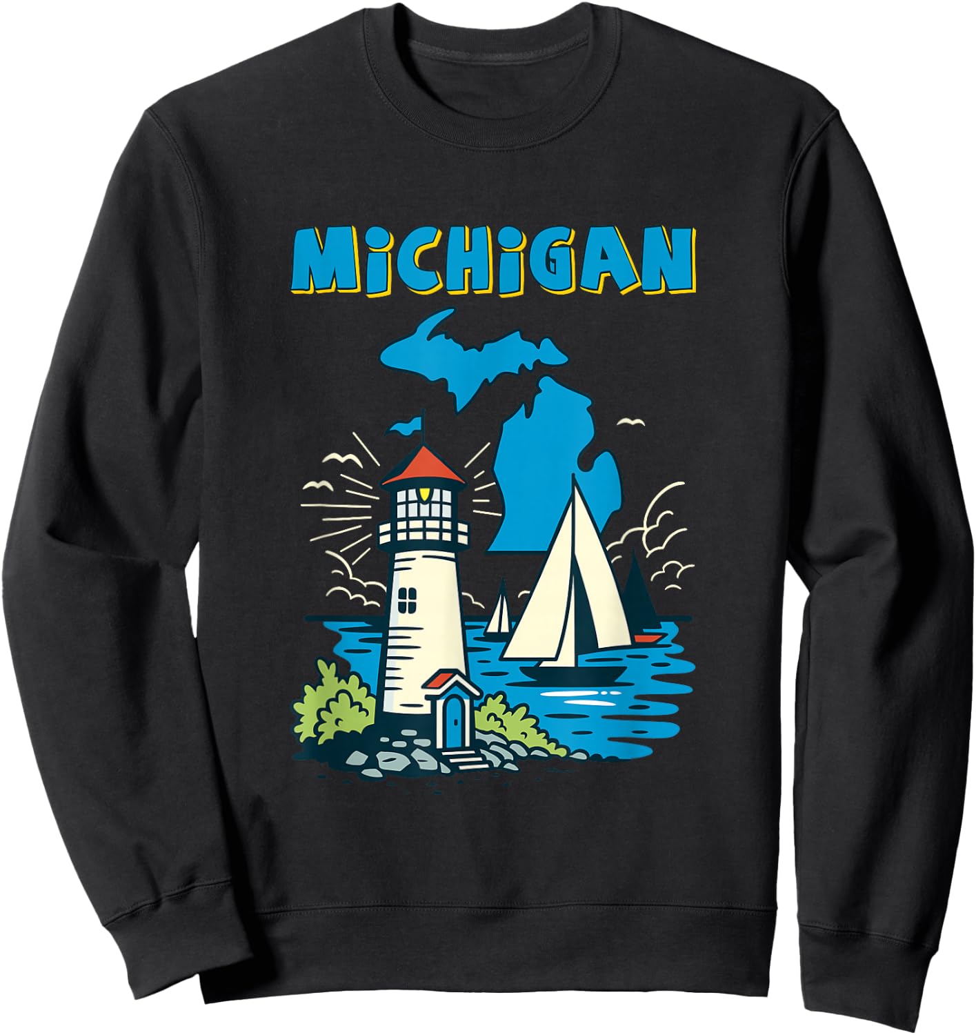 Retro Sailboat and Lighthouse in Michigan Great Lakes Sweatshirt - Sweatshirt | Black