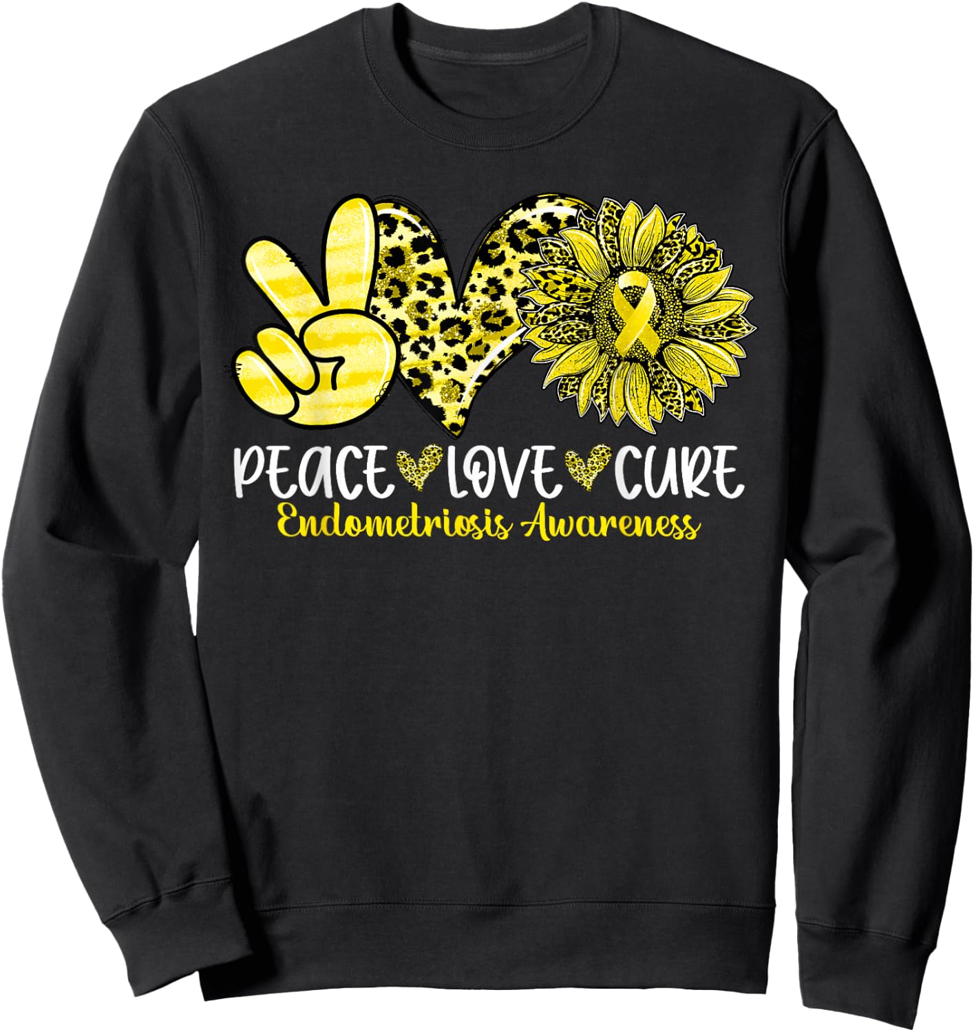 Peace Love Cure Sunflower Leopard Endometriosis Awareness Sweatshirt - Sweatshirt | Black