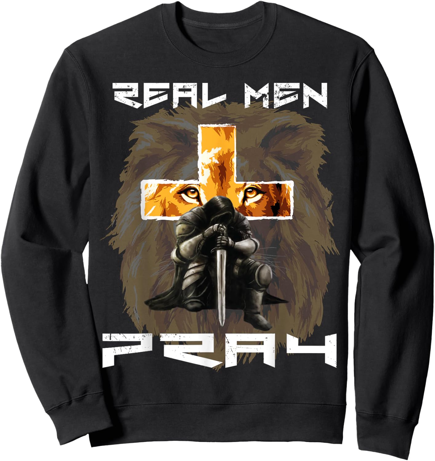 Real Men Pray Lion Judah Christian Religious Cross Graphic Sweatshirt - Sweatshirt | Black