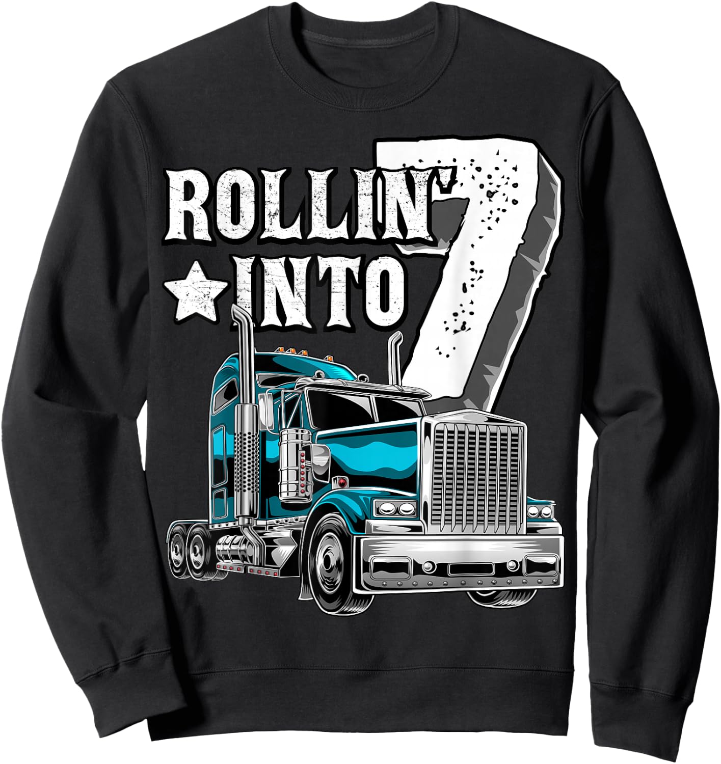 Rollin into 7 Big Rig Semi-Trailer Truck 7th Birthday Gift Sweatshirt - Sweatshirt | Black