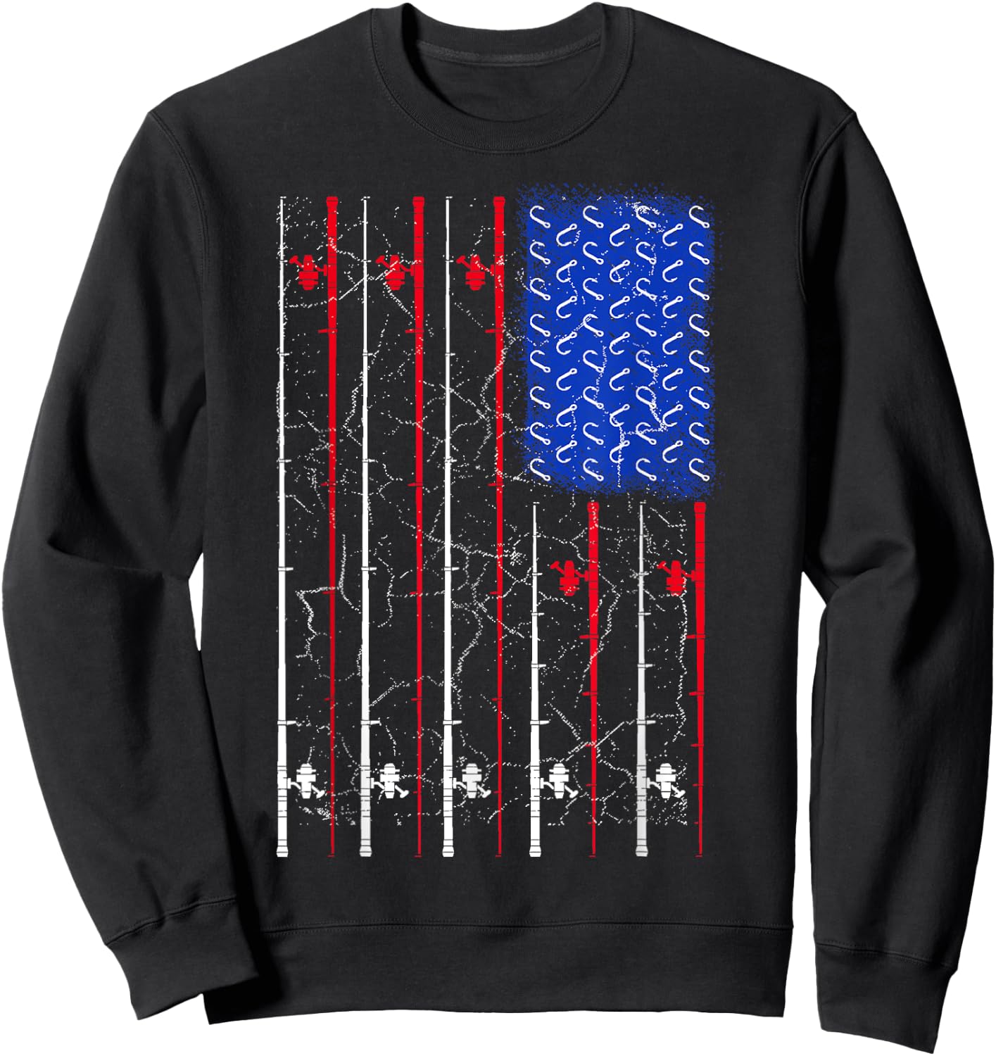 American US Flag Fishing Rod Top, Cool Fisherman Top Sweatshirt - Sweatshirt | Black