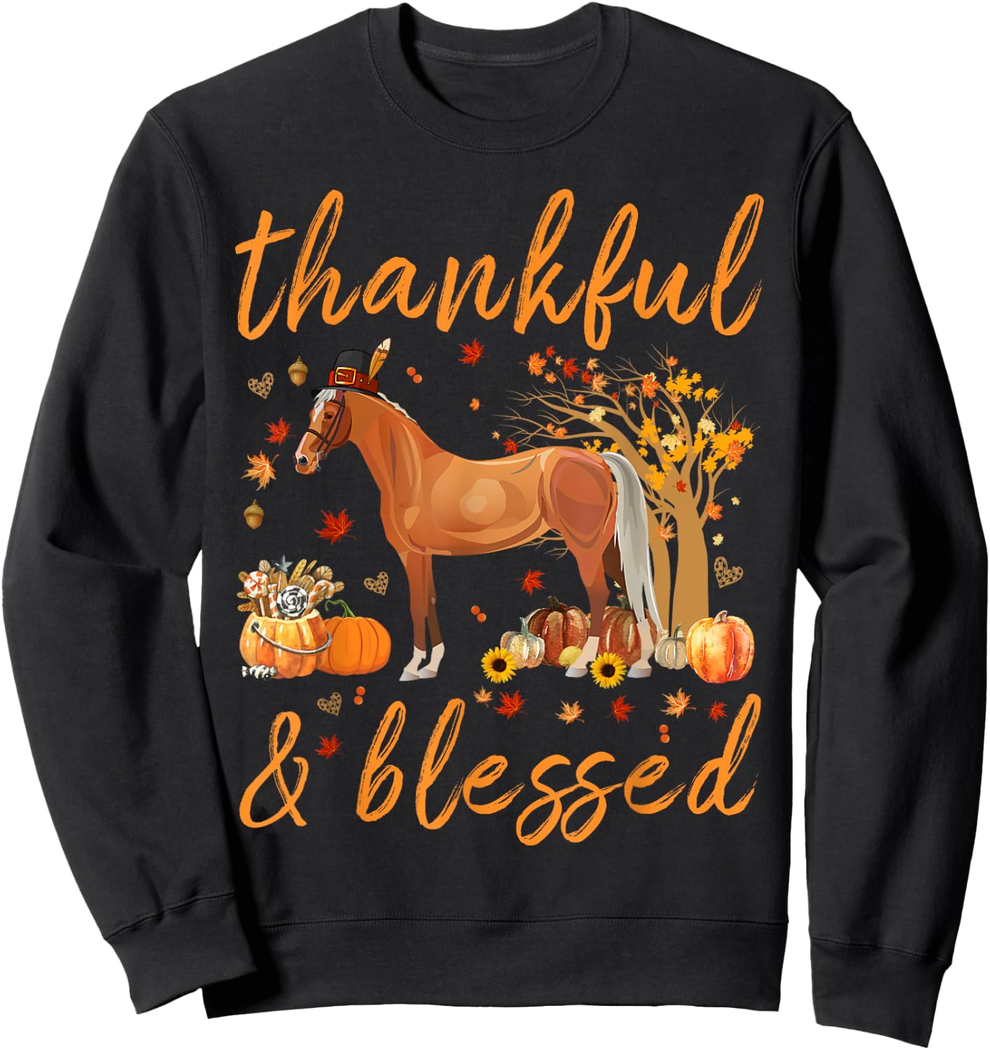 Thankful Grateful Blessed Horse Thanskgiving Matching Sweatshirt - Sweatshirt | Black