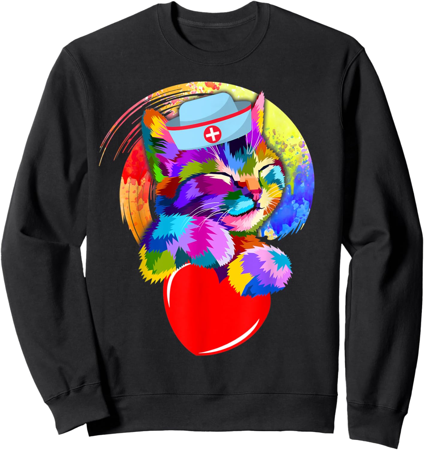 Funny Nurse Cat Cute Heart Kitten Lovers Healthcare Workers Men Women Sweatshirt - Sweatshirt | Black