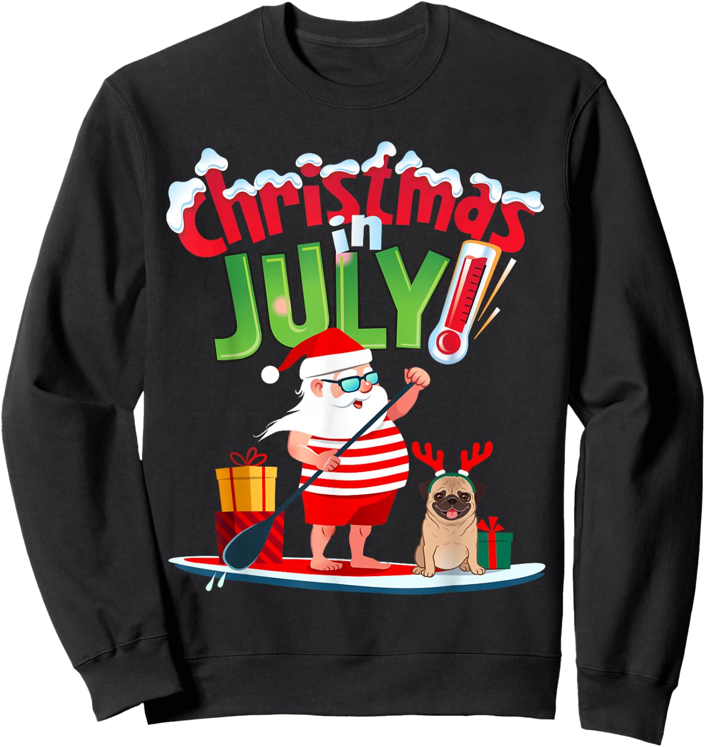 Funny Christmas in July Shirt Summer Beach Vacation Pool Pug Sweatshirt - Sweatshirt | Black