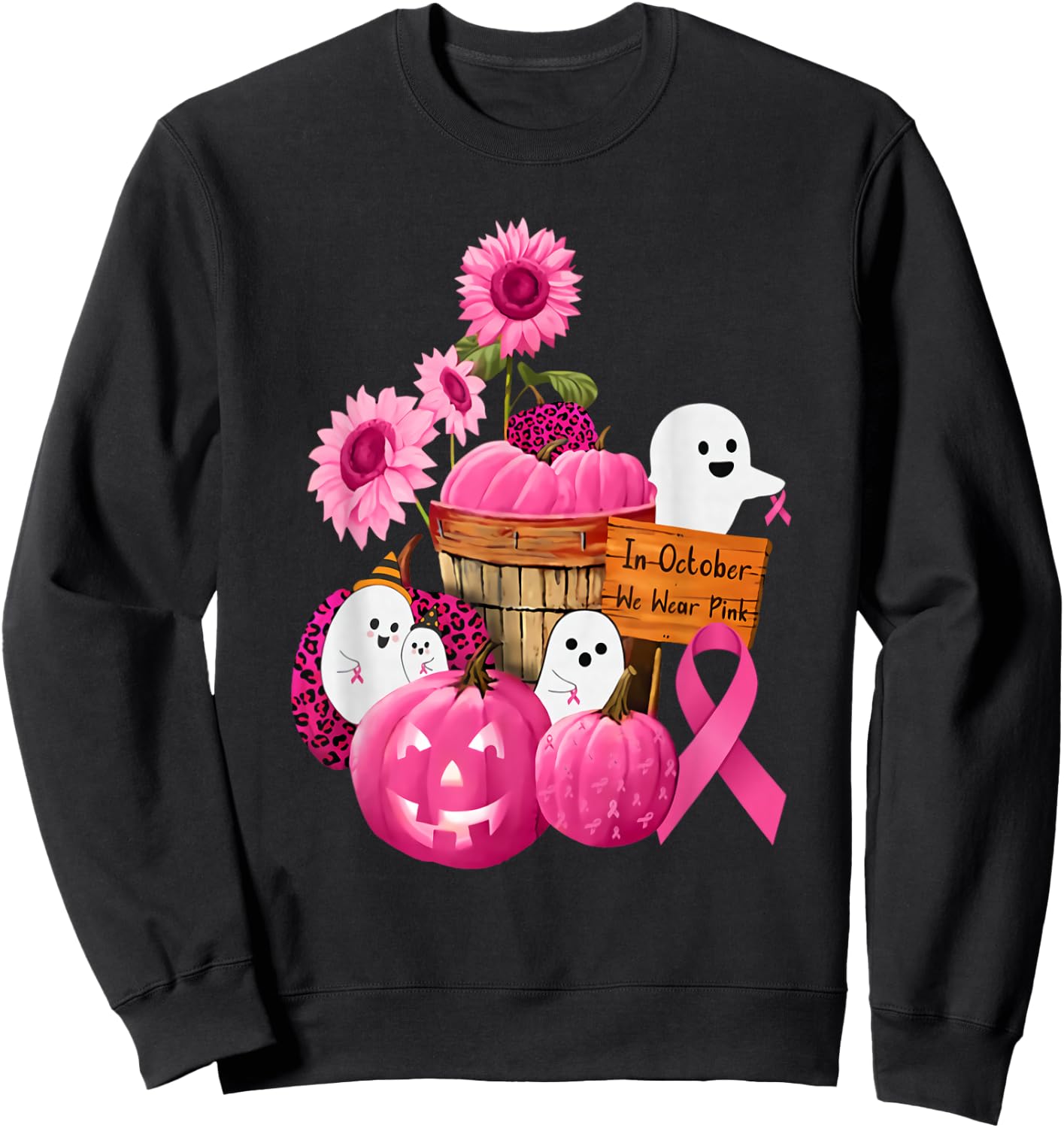 In October We Wear Pink Ghosts & Pumpkins For Breast Cancer Sweatshirt - Sweatshirt | Black