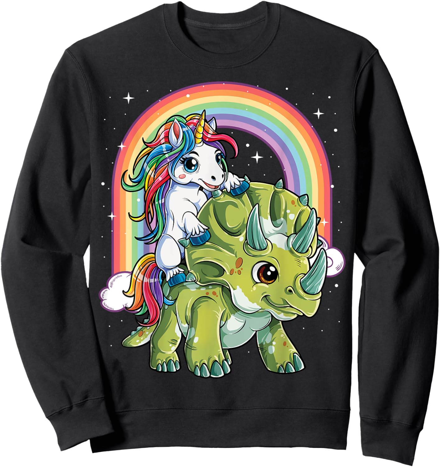 Unicorn Riding Dinosaur Triceratops Boys Kids Girls Rainbow Sweatshirt - Sweatshirt | Black