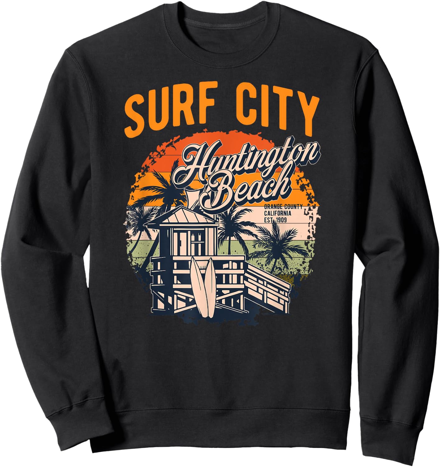 Vintage Huntington Beach Lifeguard Tower Surfing Style Men Women Sweatshirt - Sweatshirt | Black