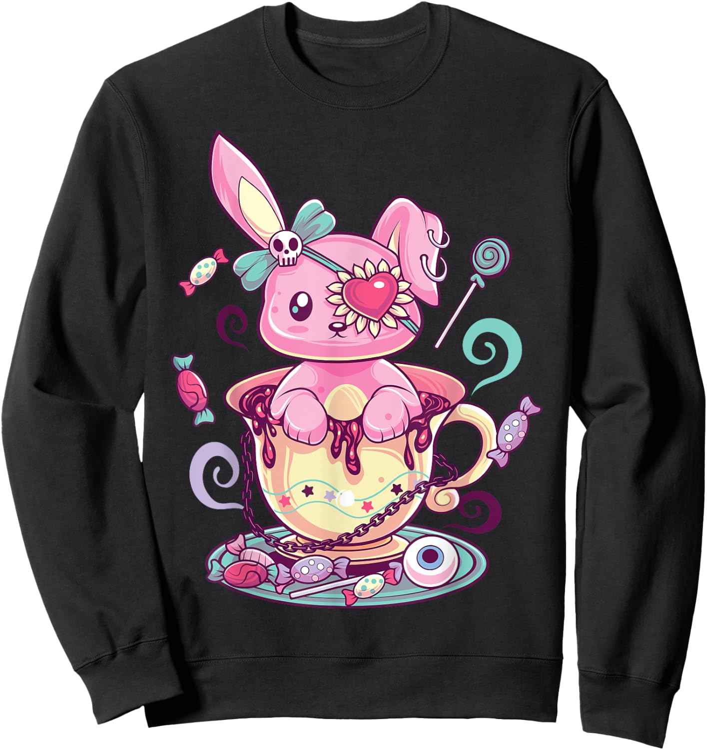 Kawaii Pastel Goth Cute Creepy Rabbit Menhera Occult Bunny Sweatshirt - Sweatshirt | Black
