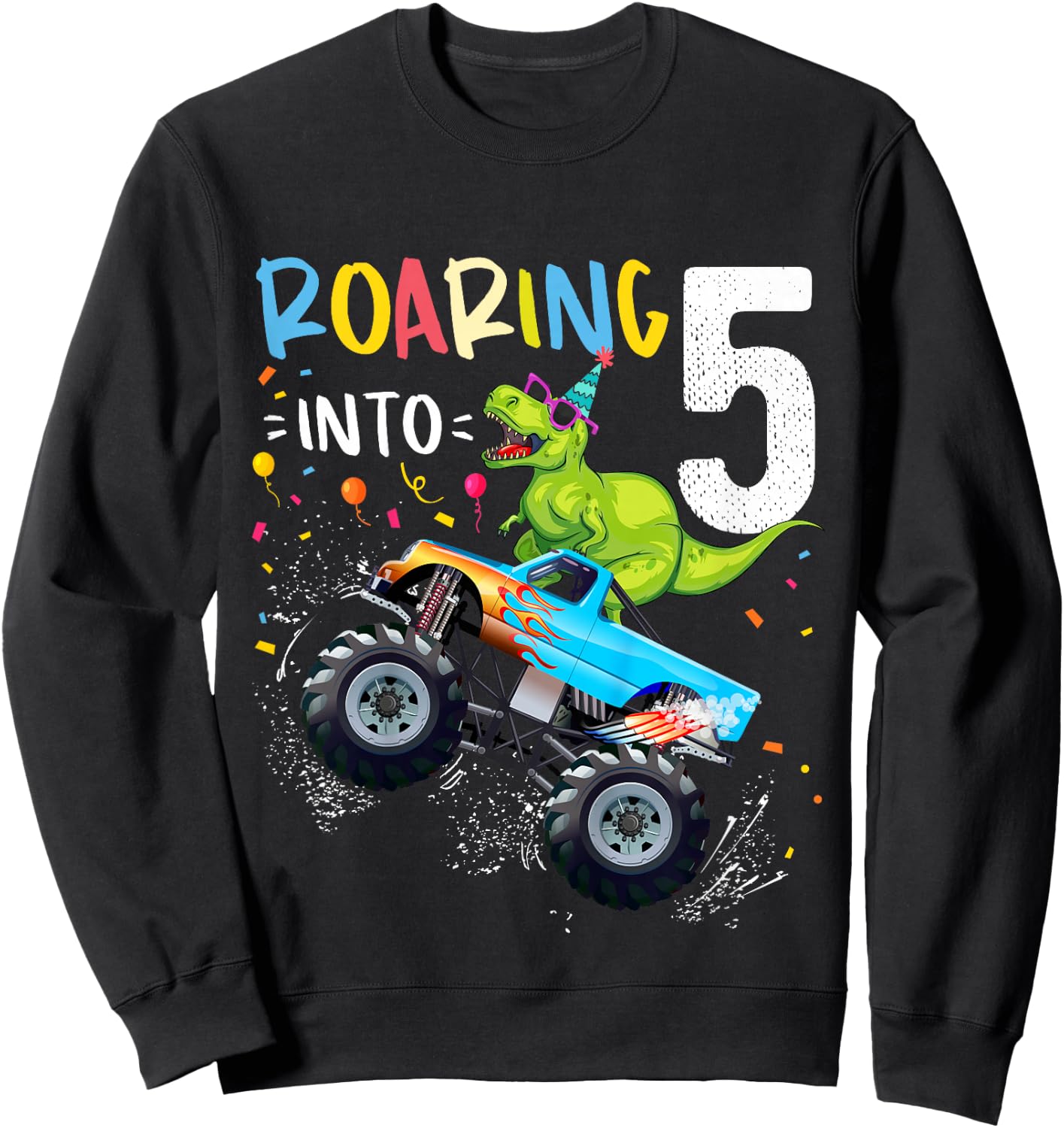 5th Birthday T Rex Dinosaur Monster Truck Boys and Girls Sweatshirt - Sweatshirt | Black