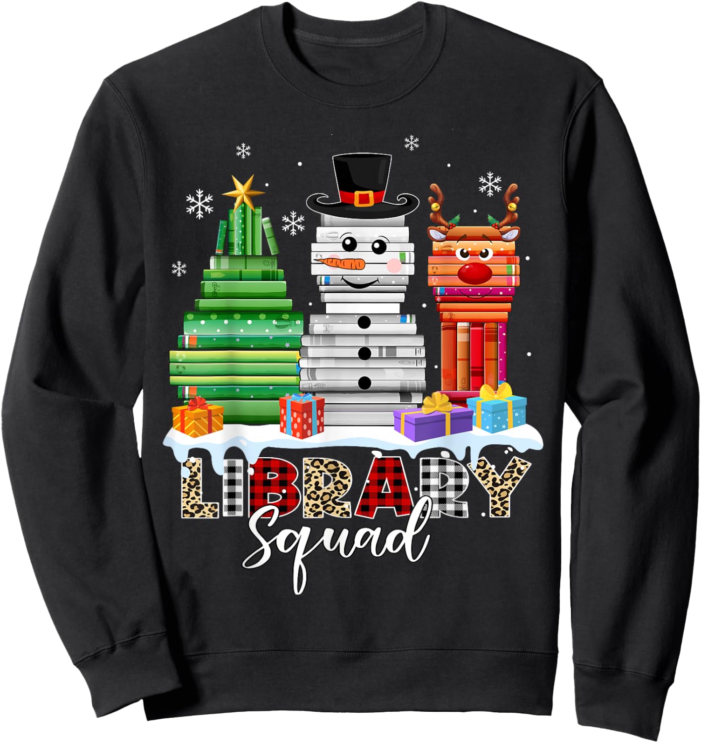Christmas Librarian Books Xmas Tree Snowman Reindeer Library Sweatshirt - Sweatshirt | Black