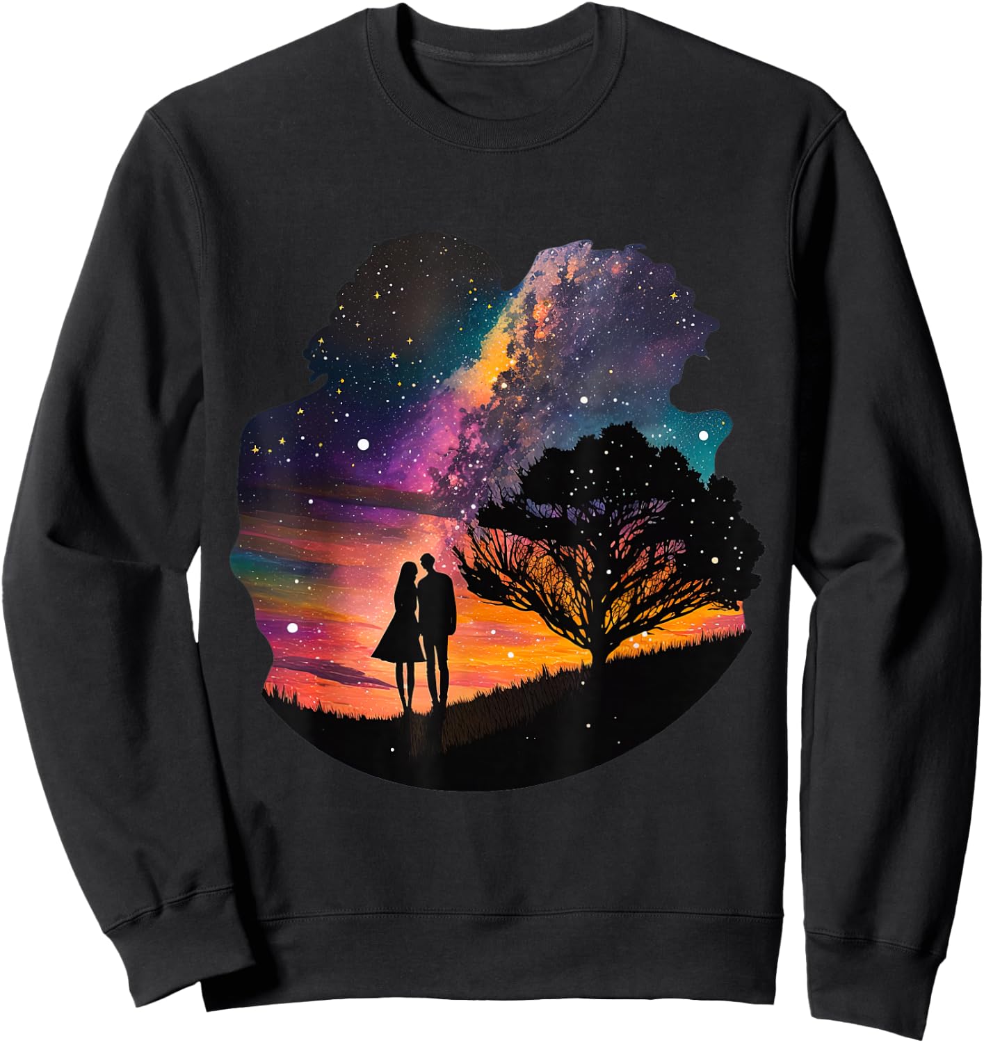 Galaxy Couple, Twin Flames Embrace Under A Canopy Of Stars Sweatshirt - Sweatshirt | Black