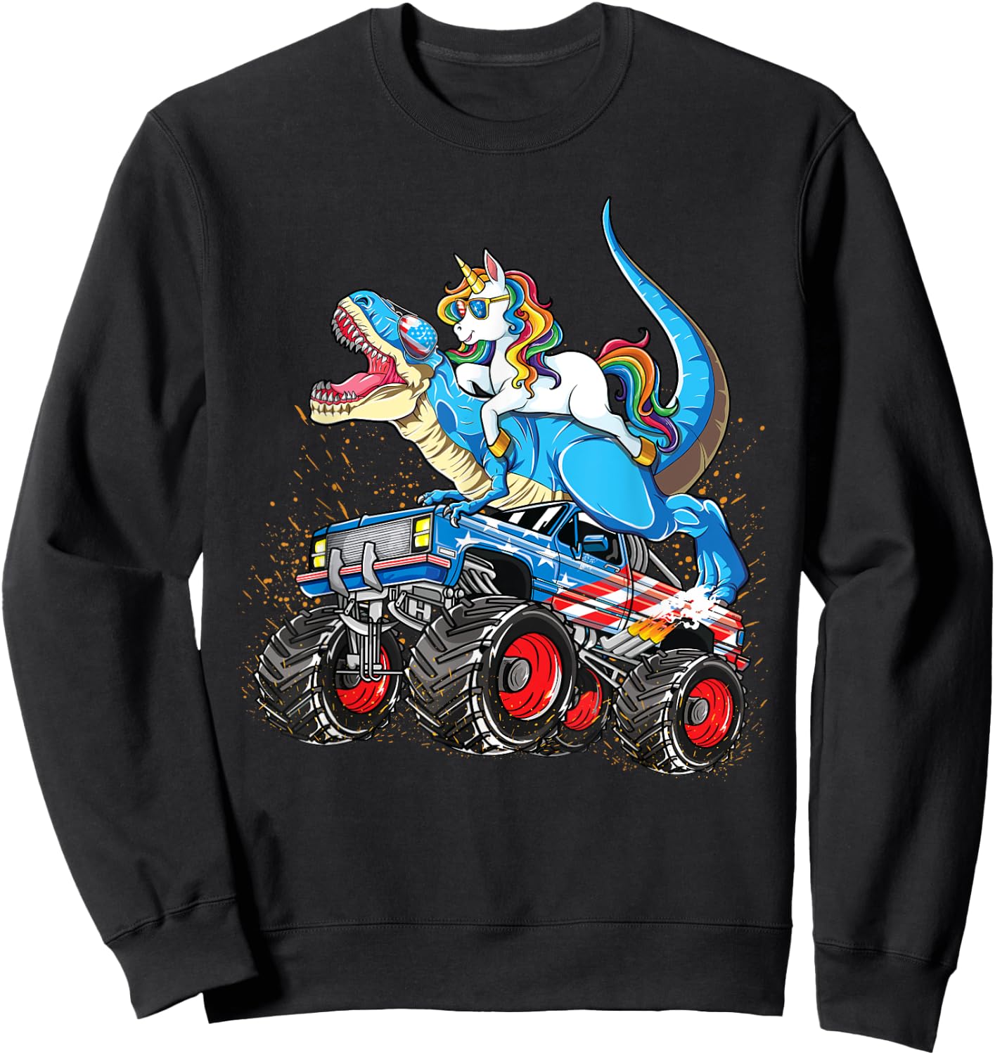 Unicorn Riding T rex Monster Truck Boys Girls Unicorn Sweatshirt - Sweatshirt | Black