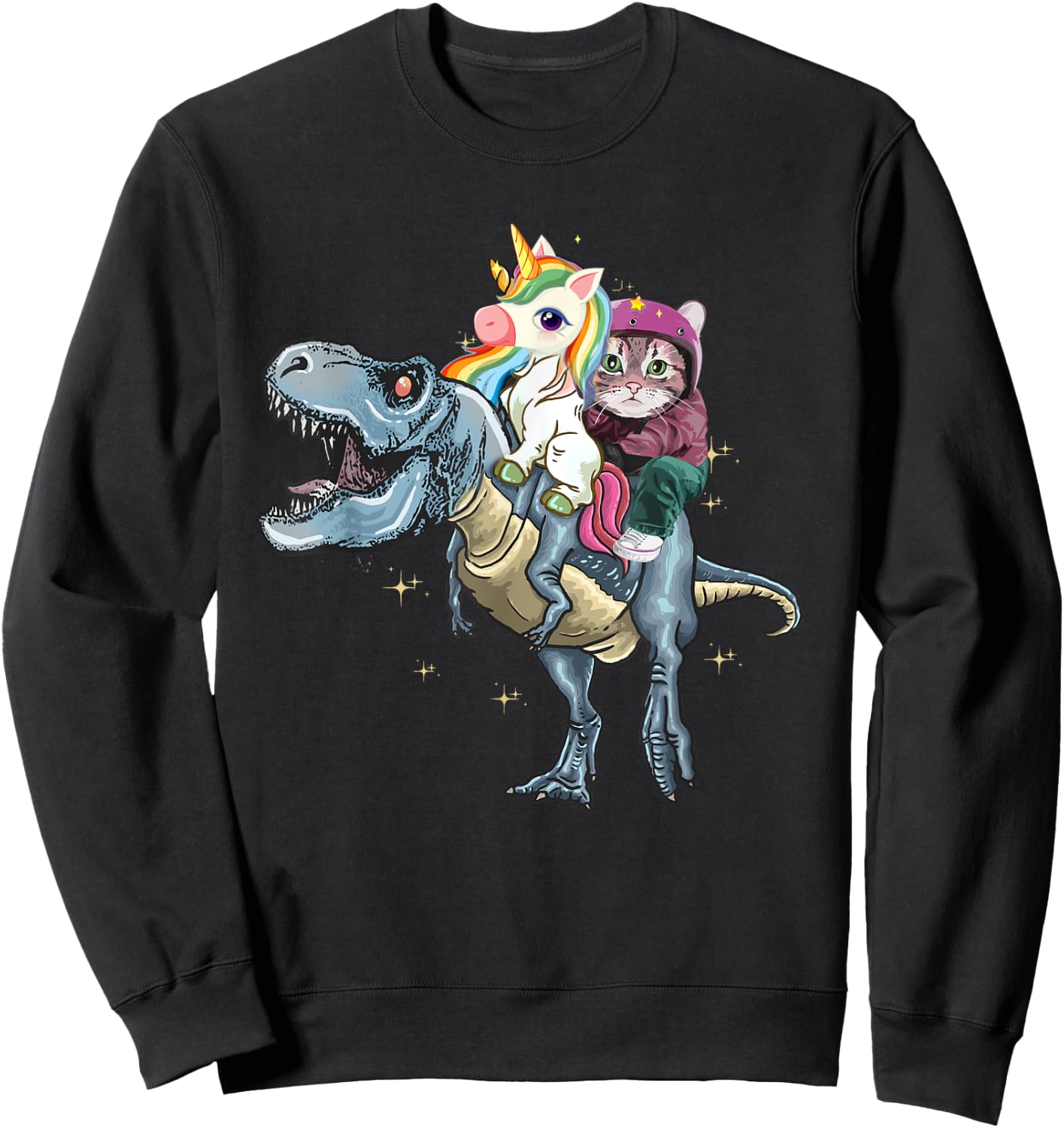 T-Rex Dinosaur Riding Unicorn Rainbow Funny Cat Lover Sweatshirt - Sweatshirt | Black