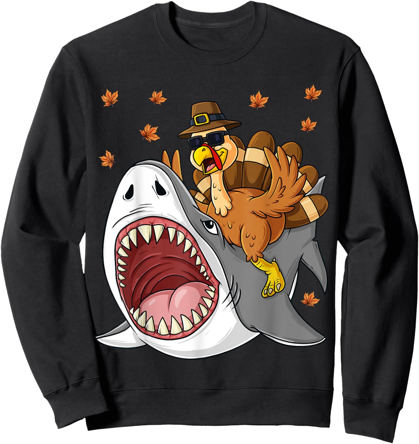 Thanksgiving Turkey Riding Shark Funny Toddler Boys Kids Sweatshirt - Sweatshirt | Black