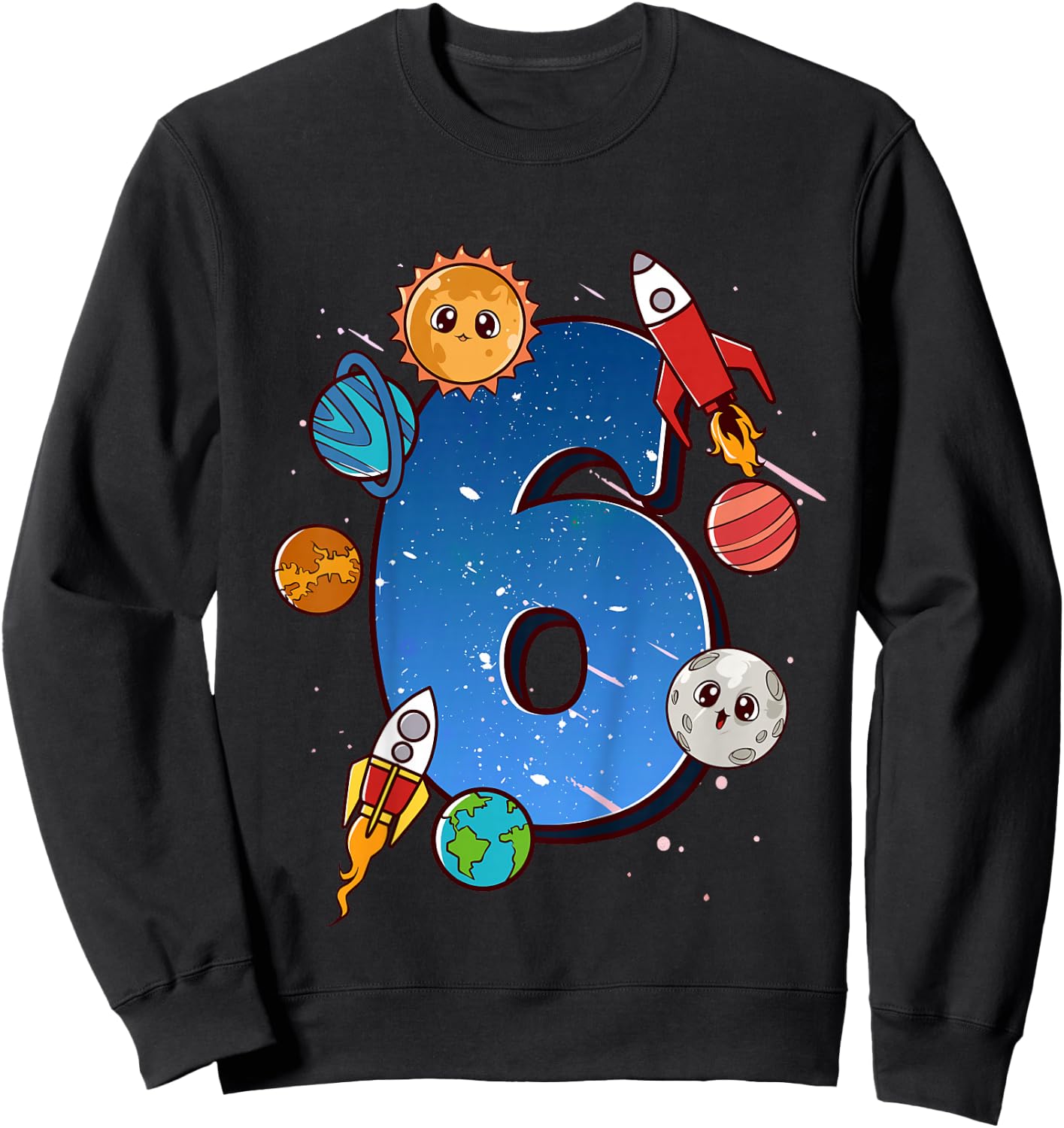 Boys 6th Birthday Party Outfit 6 Years Old Space Planets Sweatshirt - Sweatshirt | Black