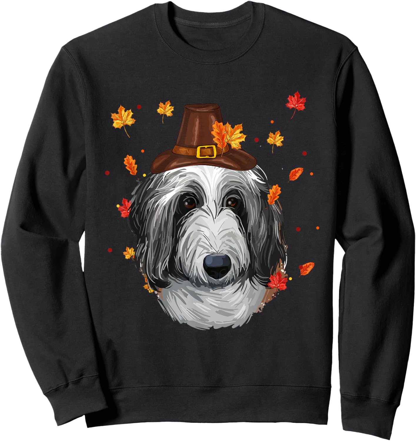 English Sheepdog Dog Pilgrim Hat Fall Happy Thanksgiving Day Women Girls Kids Sweatshirt - Sweatshirt | Black