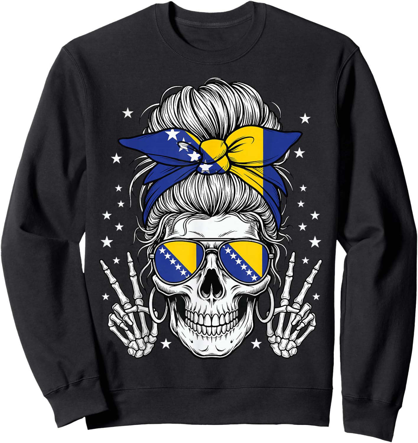 Bosnia and Herzegovina Flag Skull Messy Bun Bosnian Girl Sweatshirt - Sweatshirt | Black