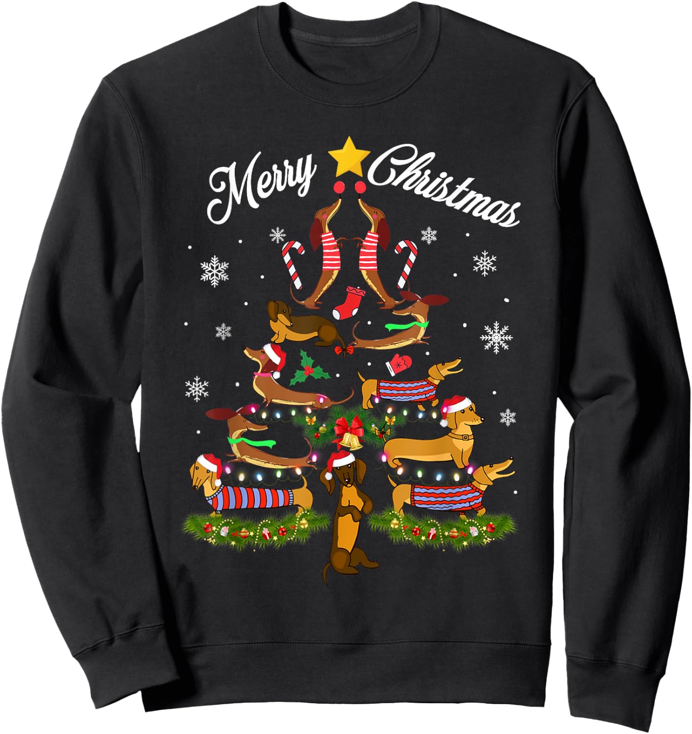 Dachshund Merry Christmas Tree Light Funny Dackel Dachshund Sweatshirt - Sweatshirt | Black