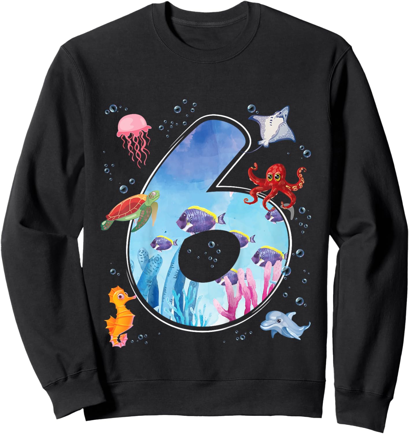Kids 6th Birthday Party Ocean 6 Year Old Sea Fish Aquarium Boy Sweatshirt - Sweatshirt | Black