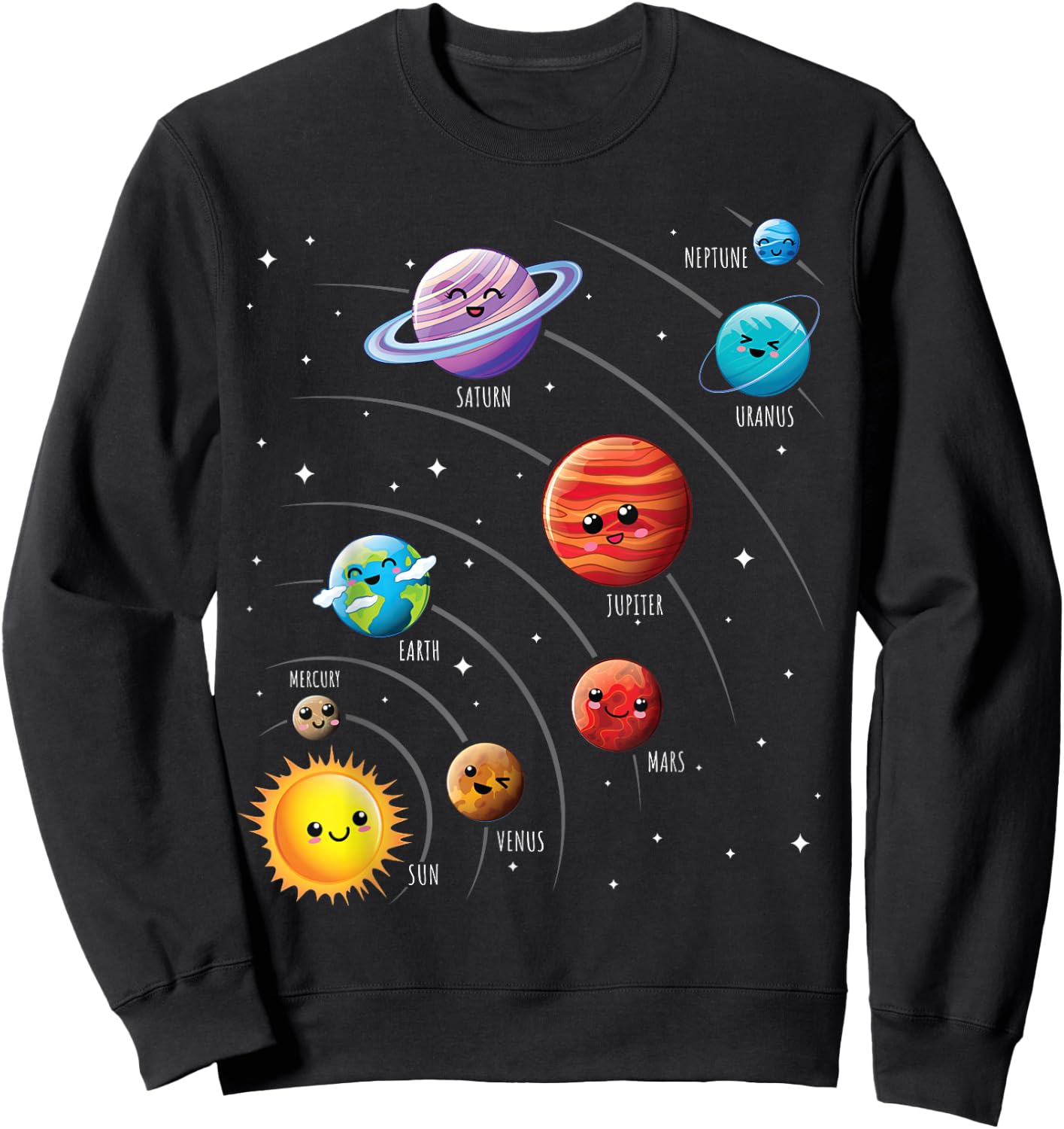 Kids Colorful Solar System Cute Anime Planets Space Sweatshirt - Sweatshirt | Black