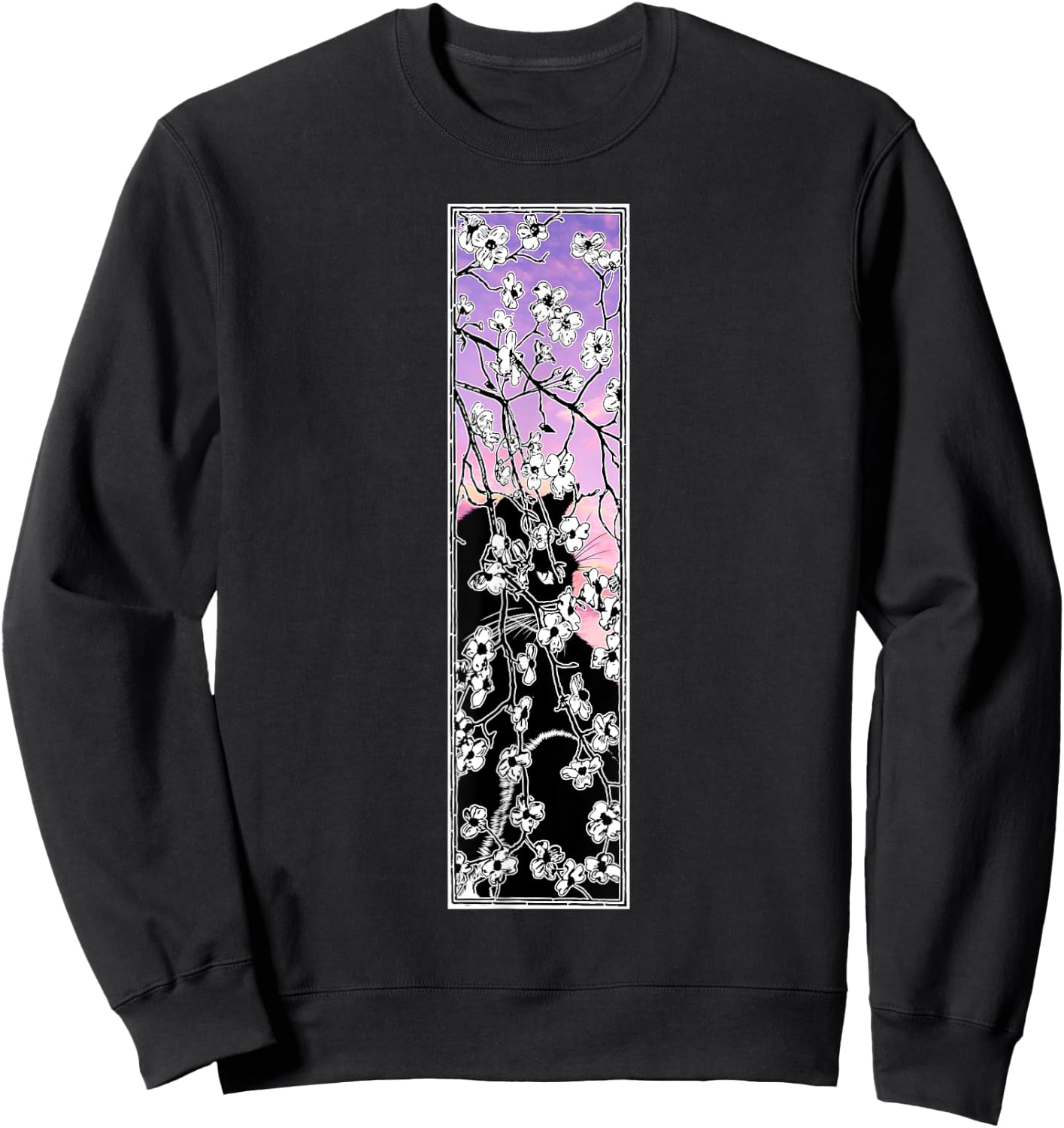 Cherry Blossom flowers pattern Cat Black Pink Sky Sunset Sweatshirt - Sweatshirt | Black