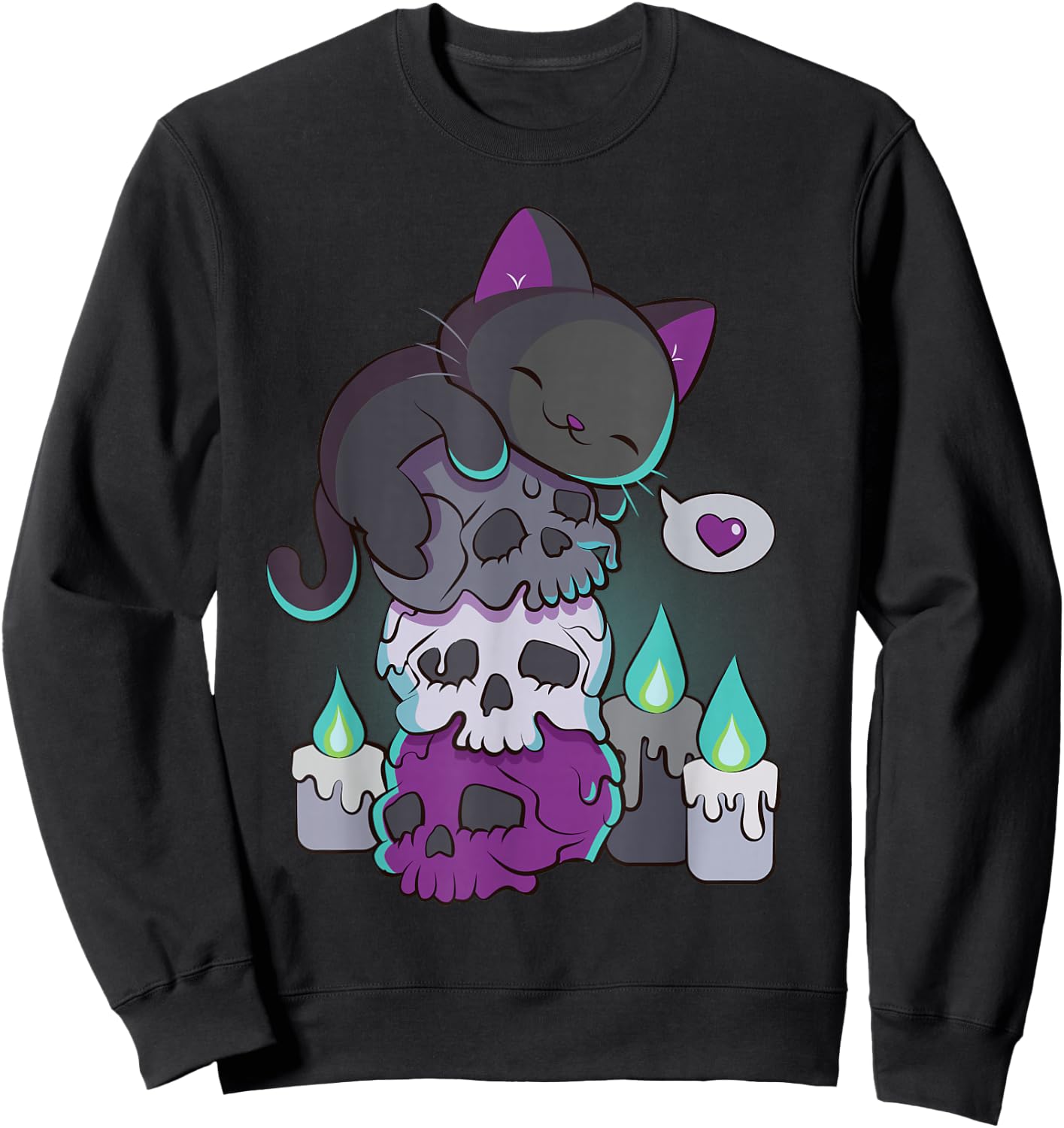 Asexual Pride Cute Black Cat on Skulls Kawaii Goth Aesthetic Sweatshirt - Sweatshirt | Black