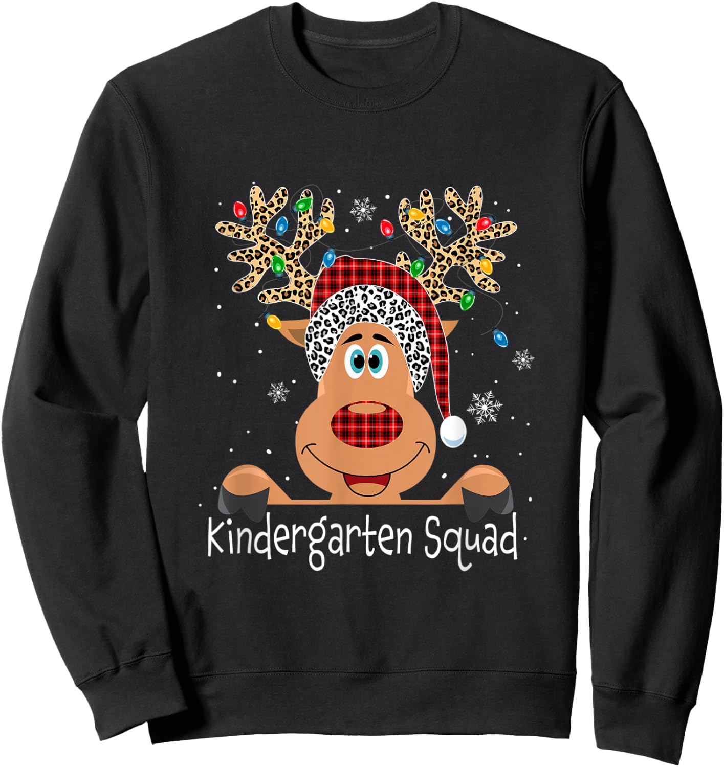 Kindergarten Squad Plaid Reindeer Santa Hat Teacher Xmas Sweatshirt - Sweatshirt | Black