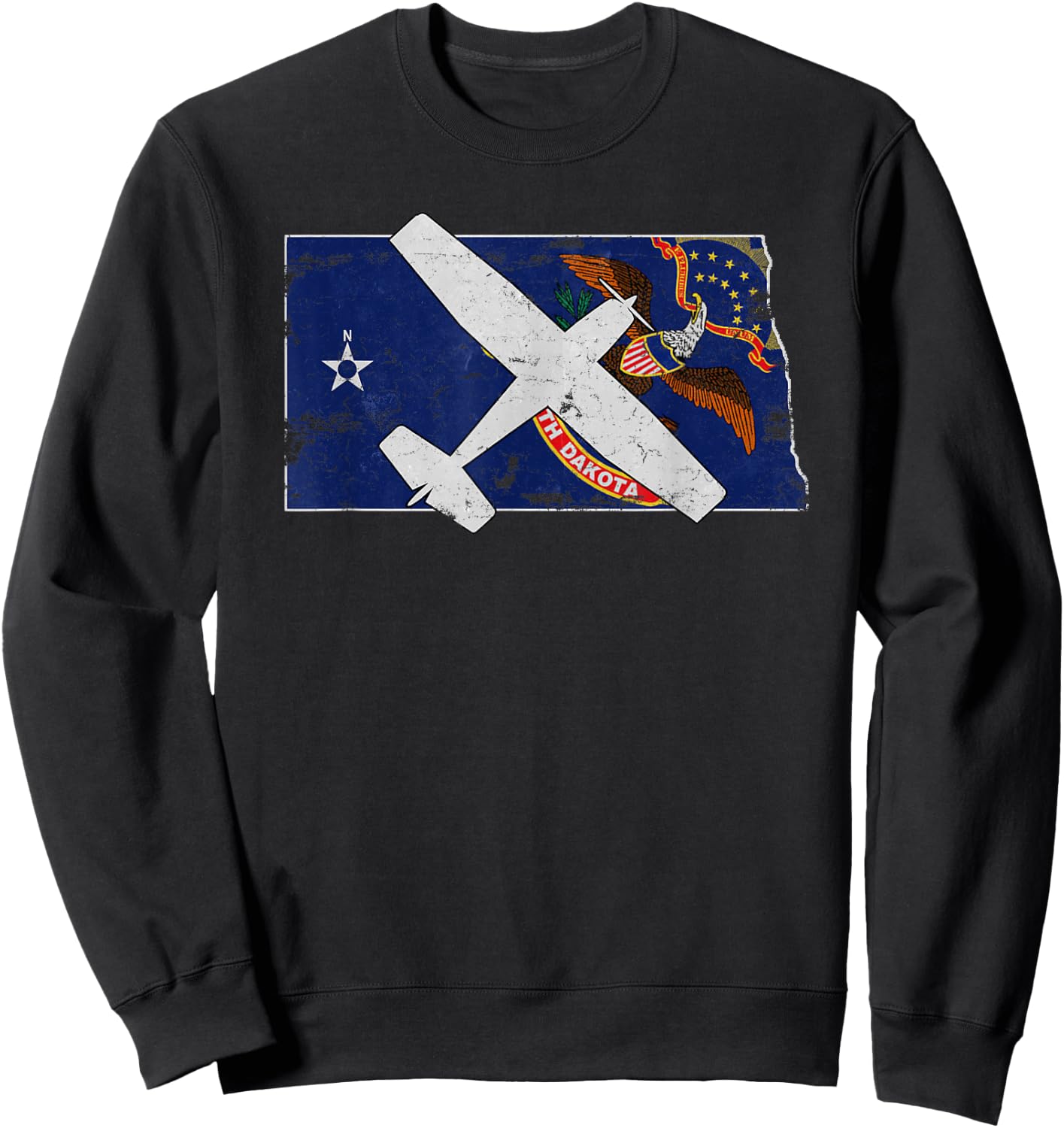 North Dakota Pilot State Flag C172 Skyhawk Airplane Vintage Sweatshirt - Sweatshirt | Black