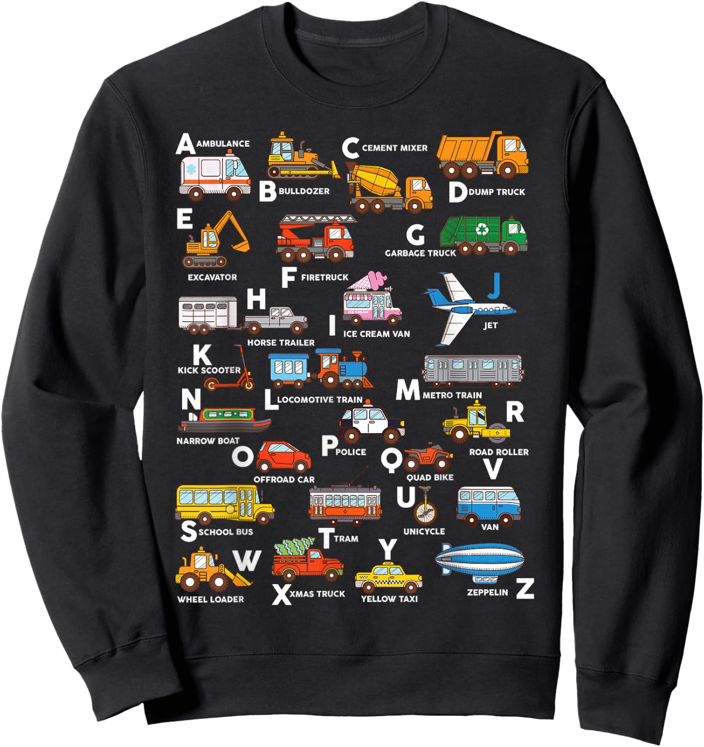 Alphabet Vehicles ABCs Learning Teachers Kids Boys Girls Sweatshirt - Sweatshirt | Black