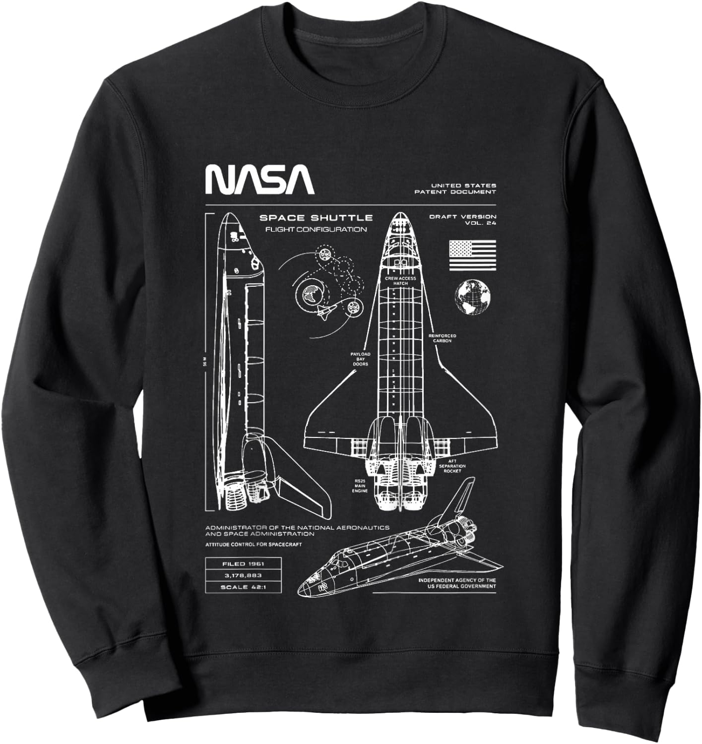 NASA Space Shuttle Technical Blueprint Kids Sweatshirt - Sweatshirt | Black