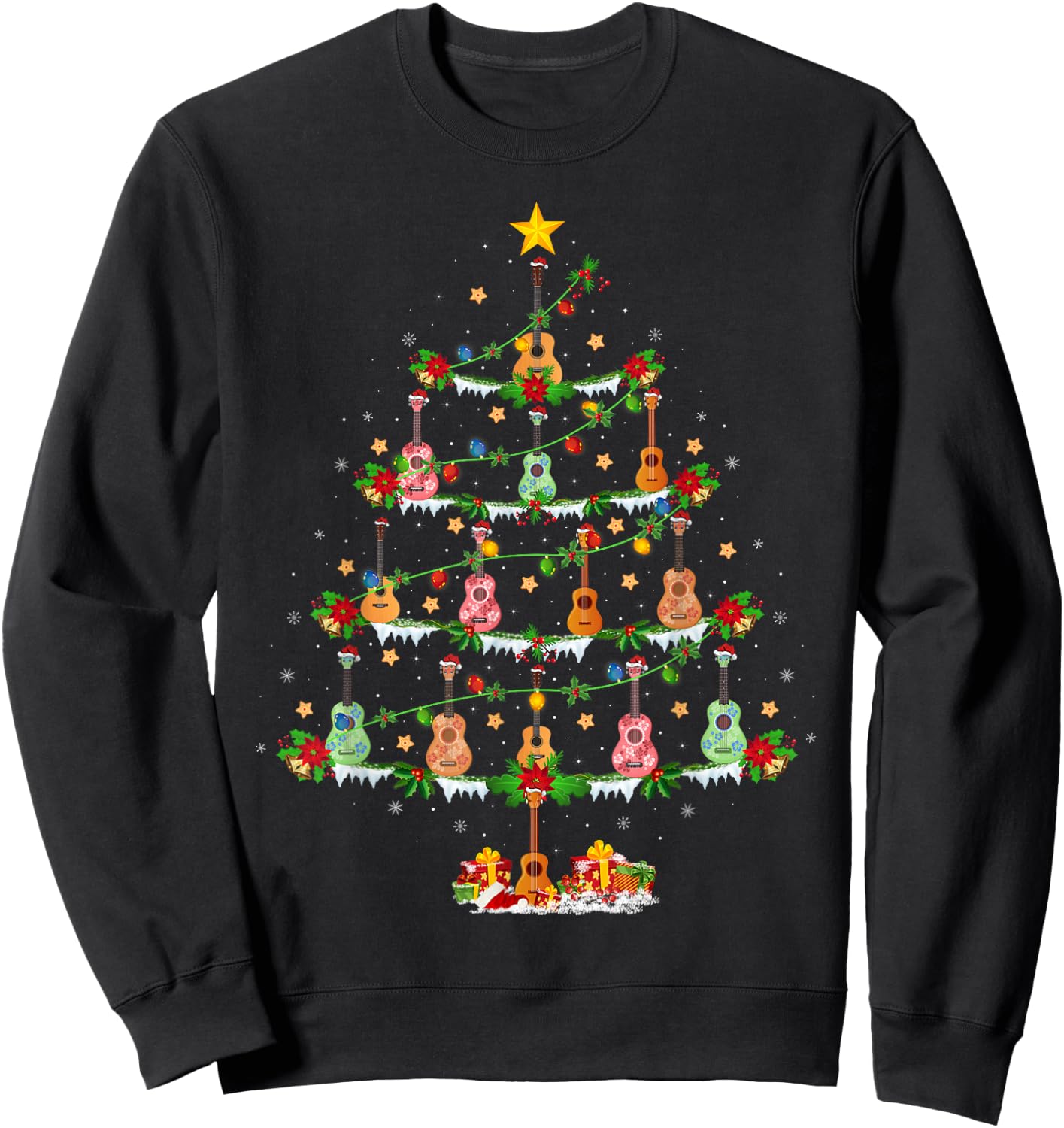 Ukulele Music Lover Christmas Lighting Ukulele Xmas Tree Sweatshirt - Sweatshirt | Black