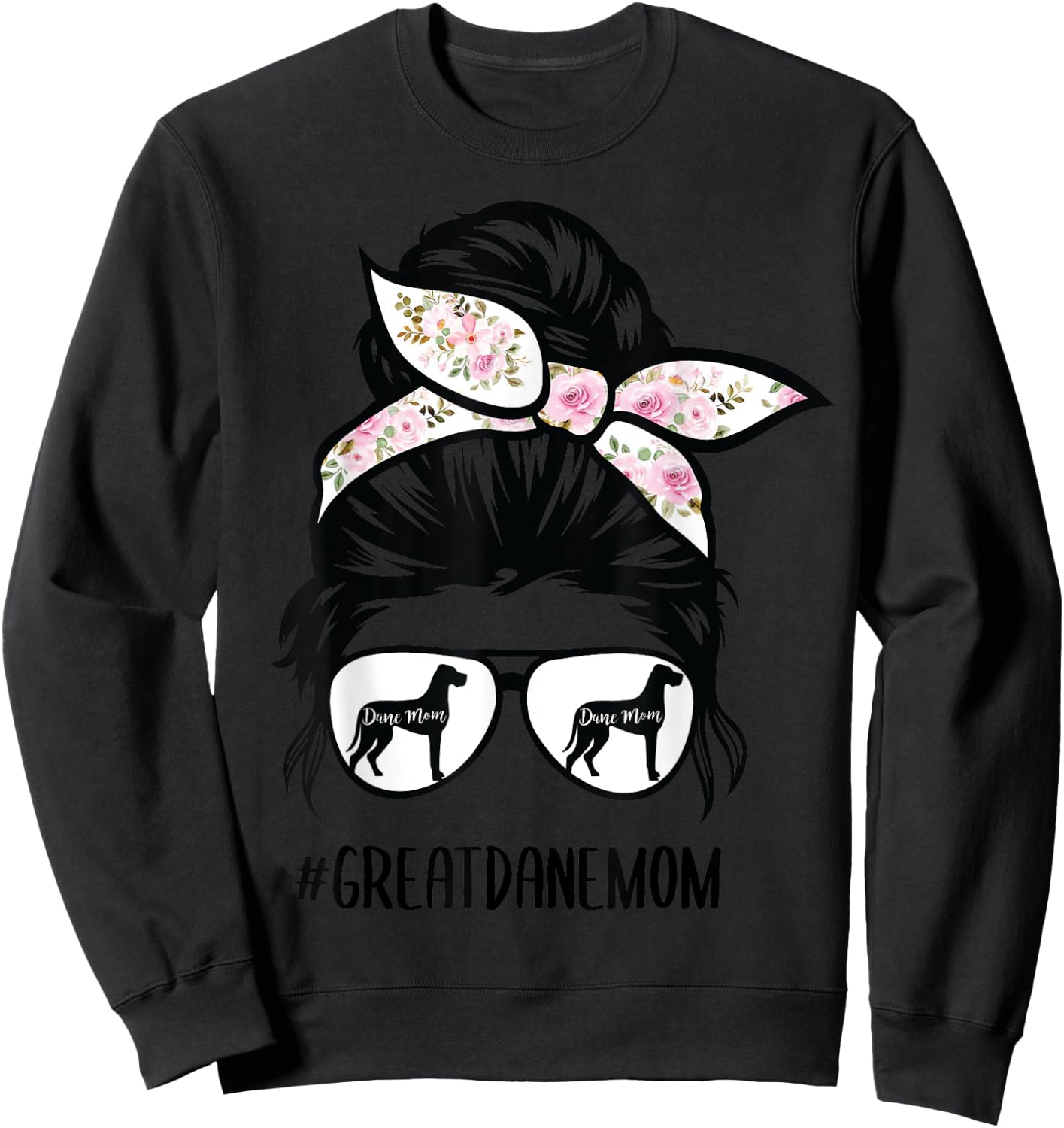Great Dane Mom messy bun hair glasses Sweatshirt - Sweatshirt | Black