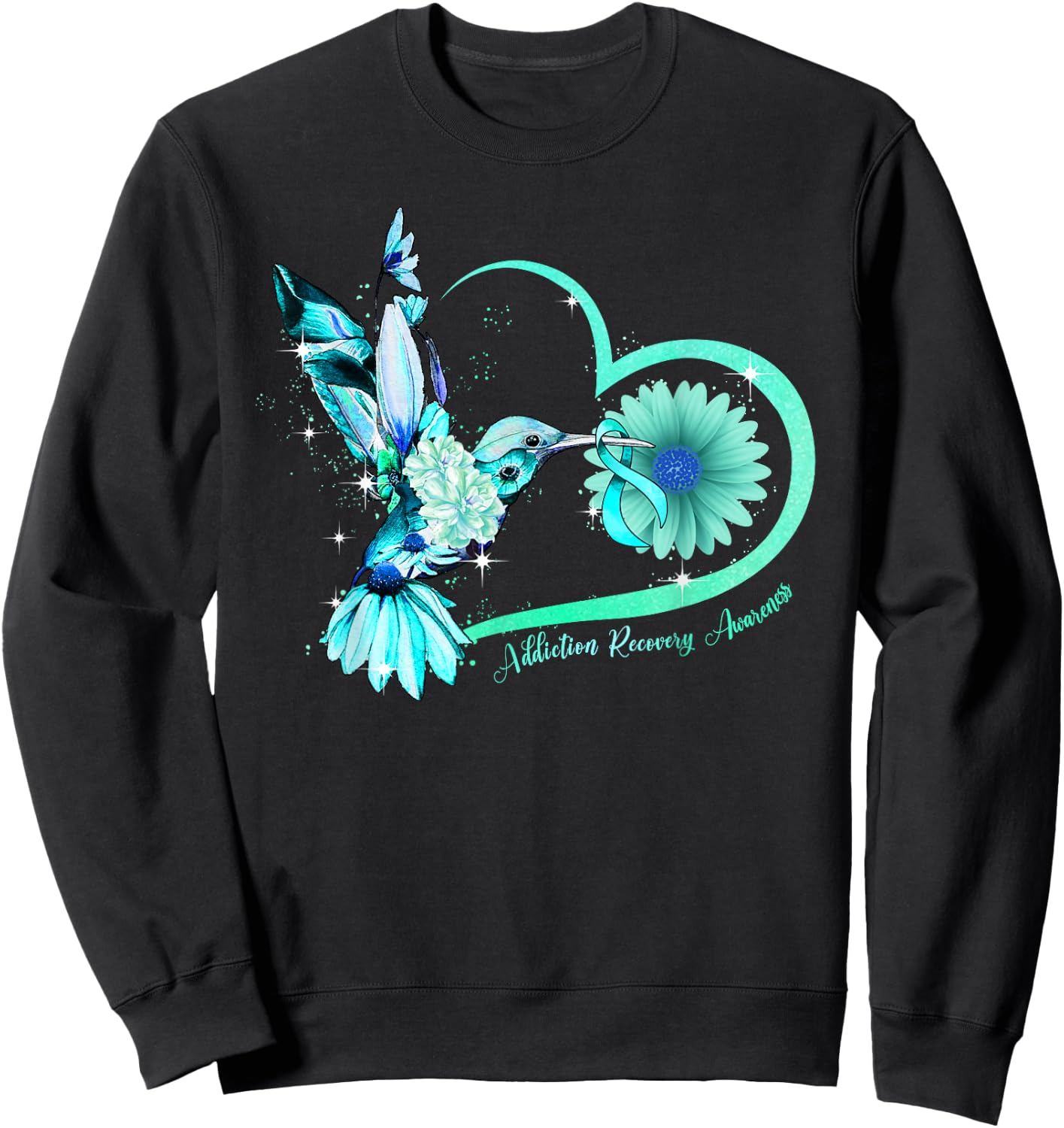Hummingbird Sunflower Heart Teal Ribbon Addiction Recovery Sweatshirt - Sweatshirt | Black