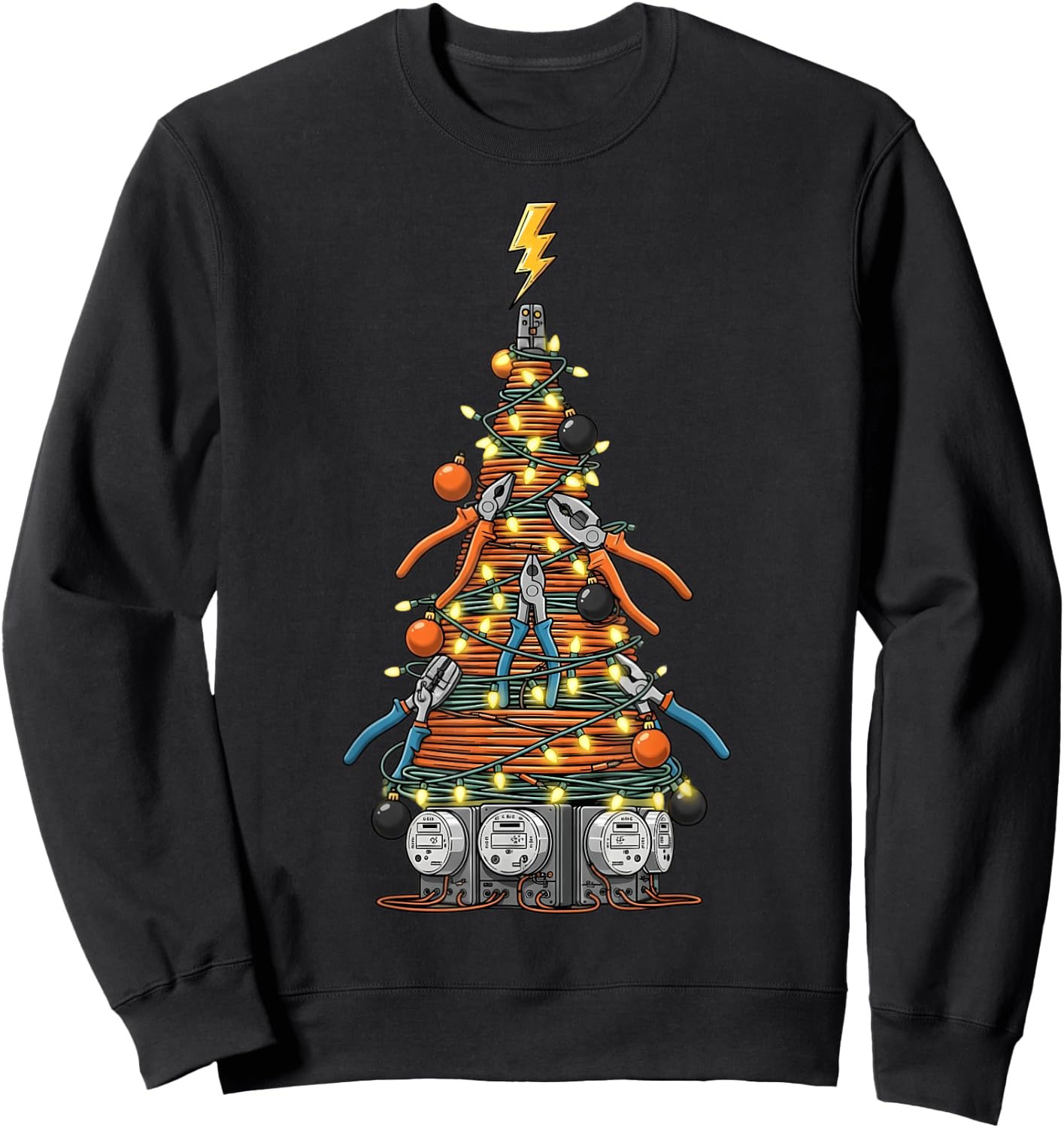 Funny Electrician Christmas Tree Xmas Graphic Men Women Sweatshirt - Sweatshirt | Black