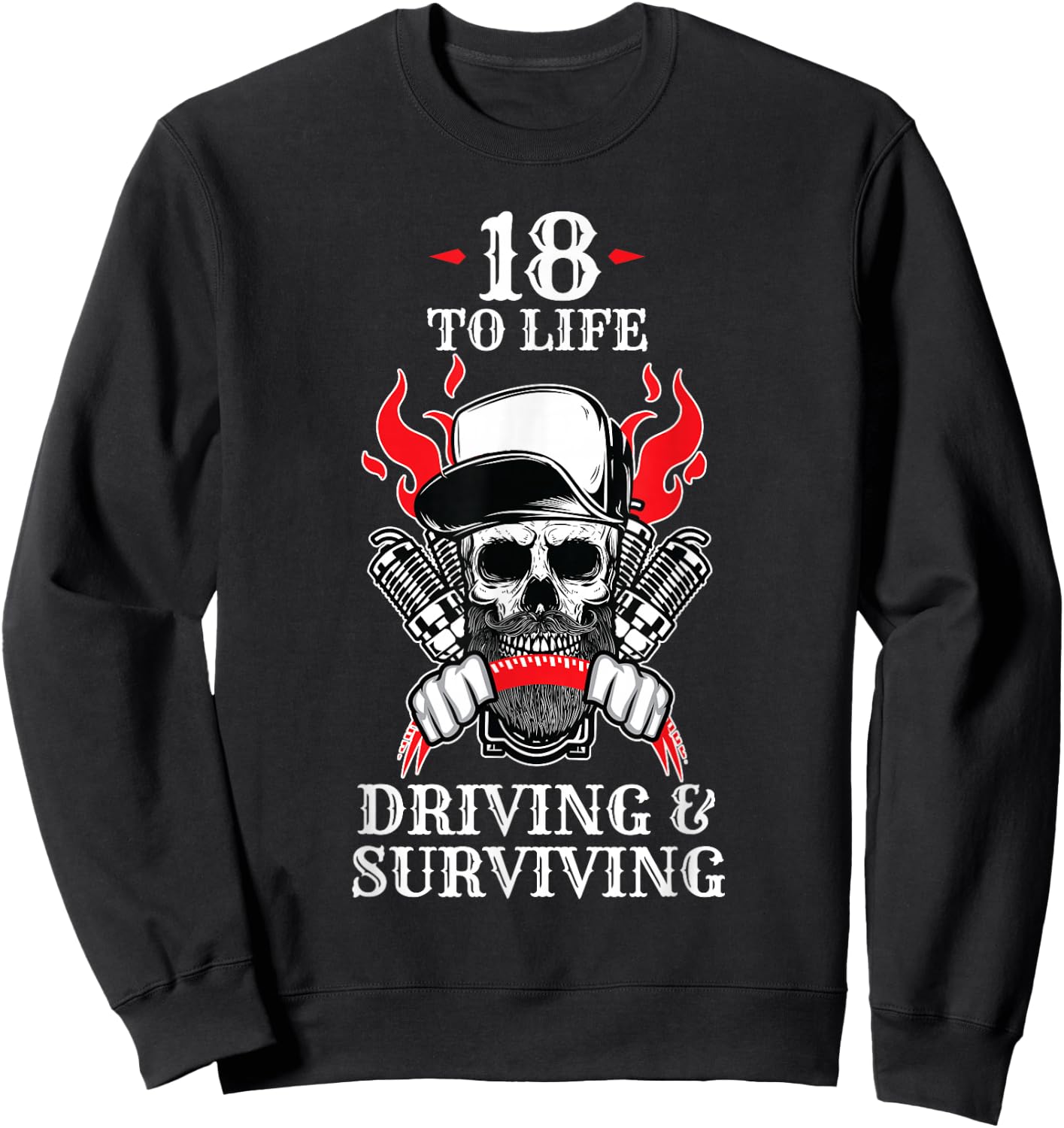 18 to Life Trucker T Shirt | Skull Flames Truck Driver Shirt Sweatshirt - Sweatshirt | Black