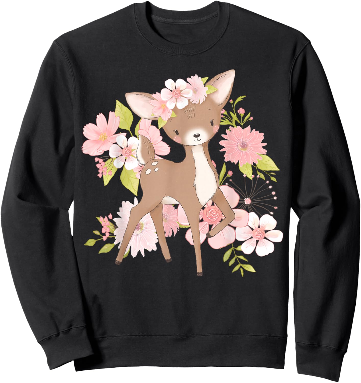 Adorable Floral Woodland Deer Harmony Cute Deer with Flowers and Blossoms - Black - - Kids - Short Sleeve - Modern - Animal Theme - All Seasons Sweatshirt - Sweatshirt | Black