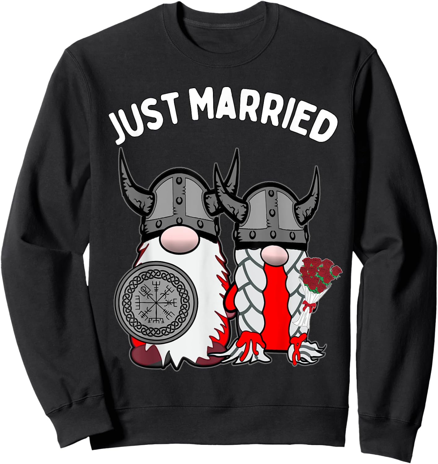 Just Married Nordic Gnome Viking Tomte Couple Wedding Sweatshirt - Sweatshirt | Black
