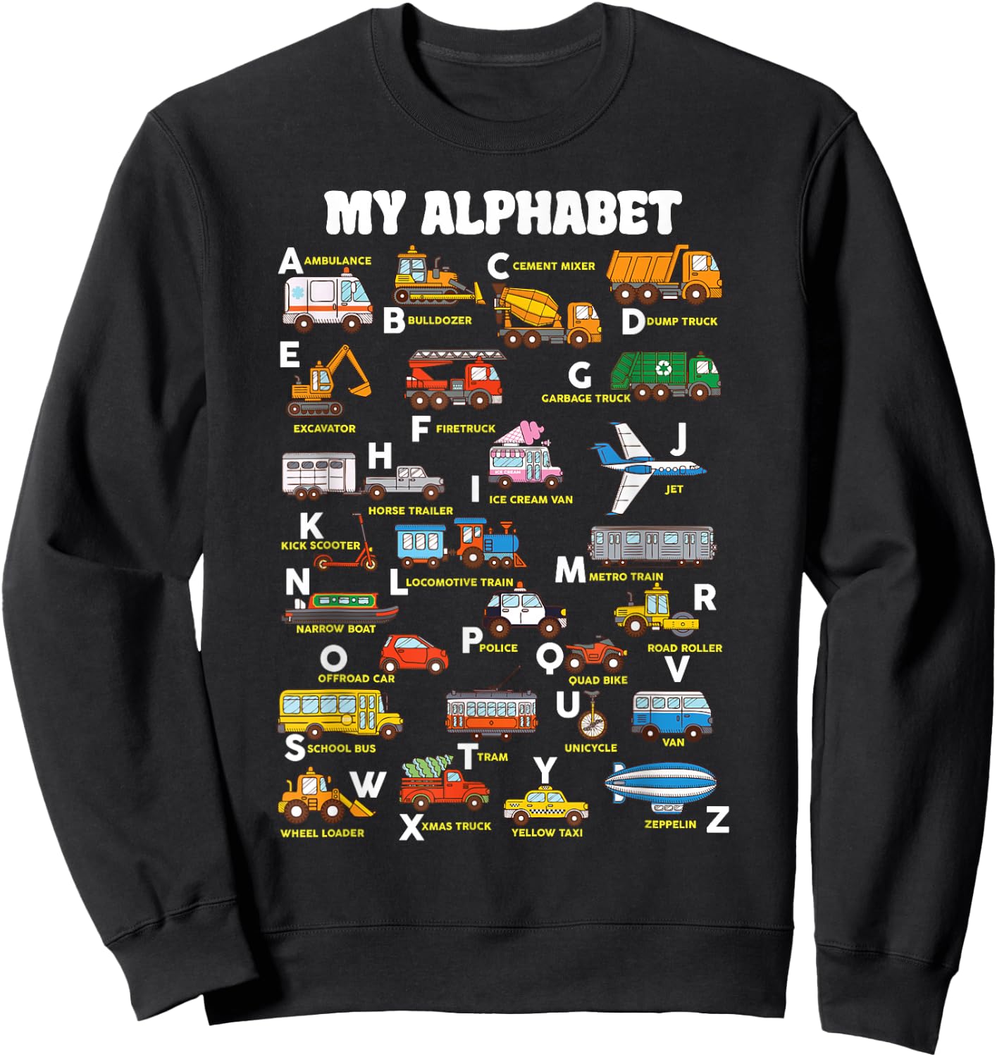 Alphabet Transport Learning ABC Car Bus Truck Educational Sweatshirt - Sweatshirt | Black