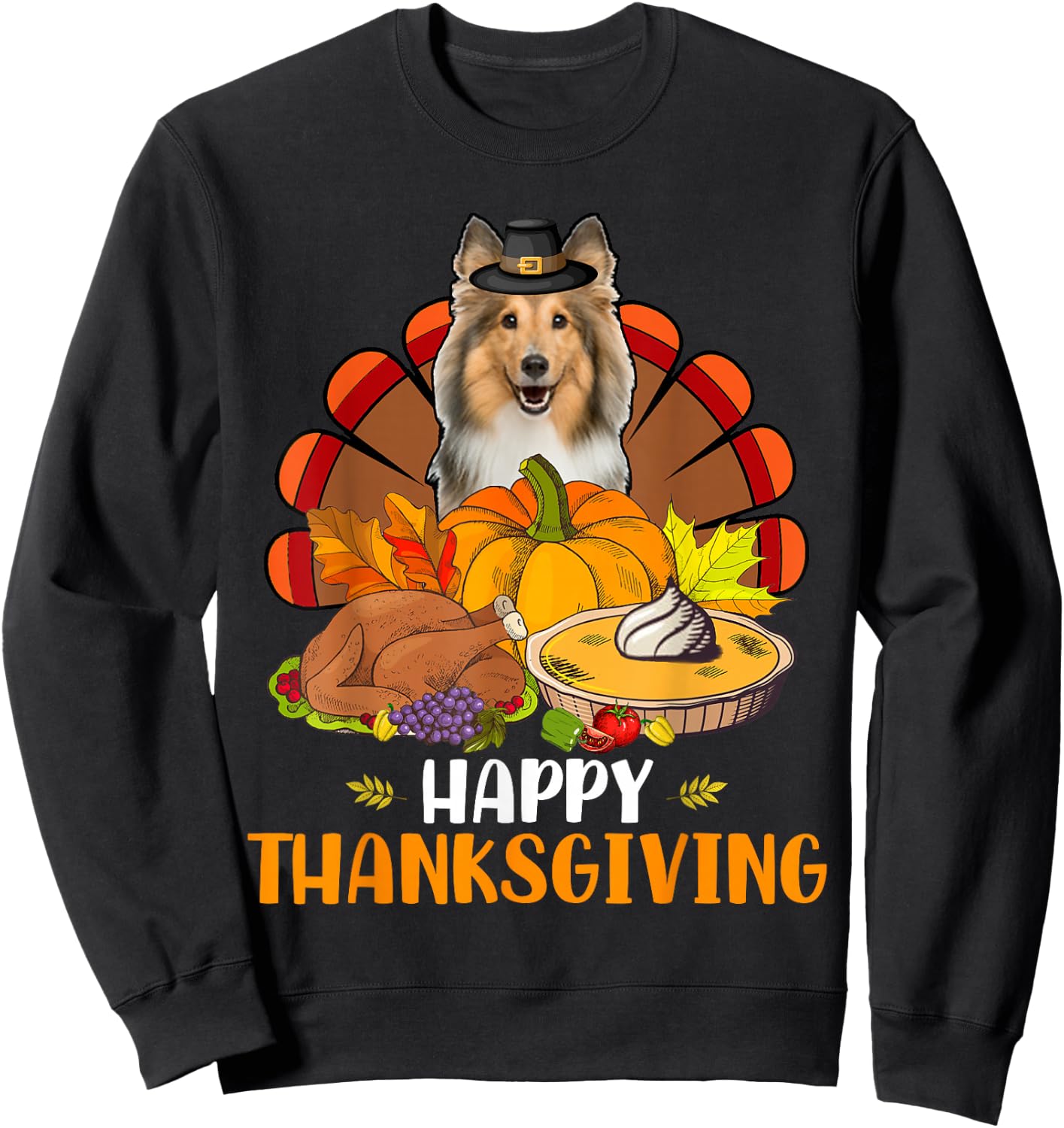 Thanksgiving Turkey Sheltie Dog Eating Dinner Family Lover Sweatshirt - Sweatshirt | Black