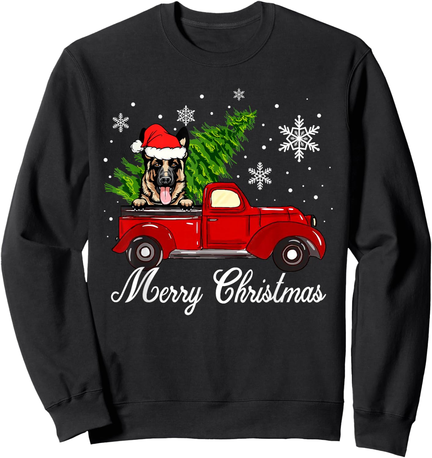 German Shepherd Dog Riding Red Truck Christmas Decorations Sweatshirt - Sweatshirt | Black