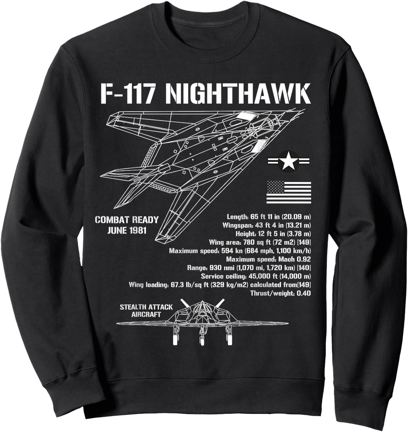 F117 Stealth Nighthawk Specs Military Aircraft F117 Sweatshirt - Sweatshirt | Black